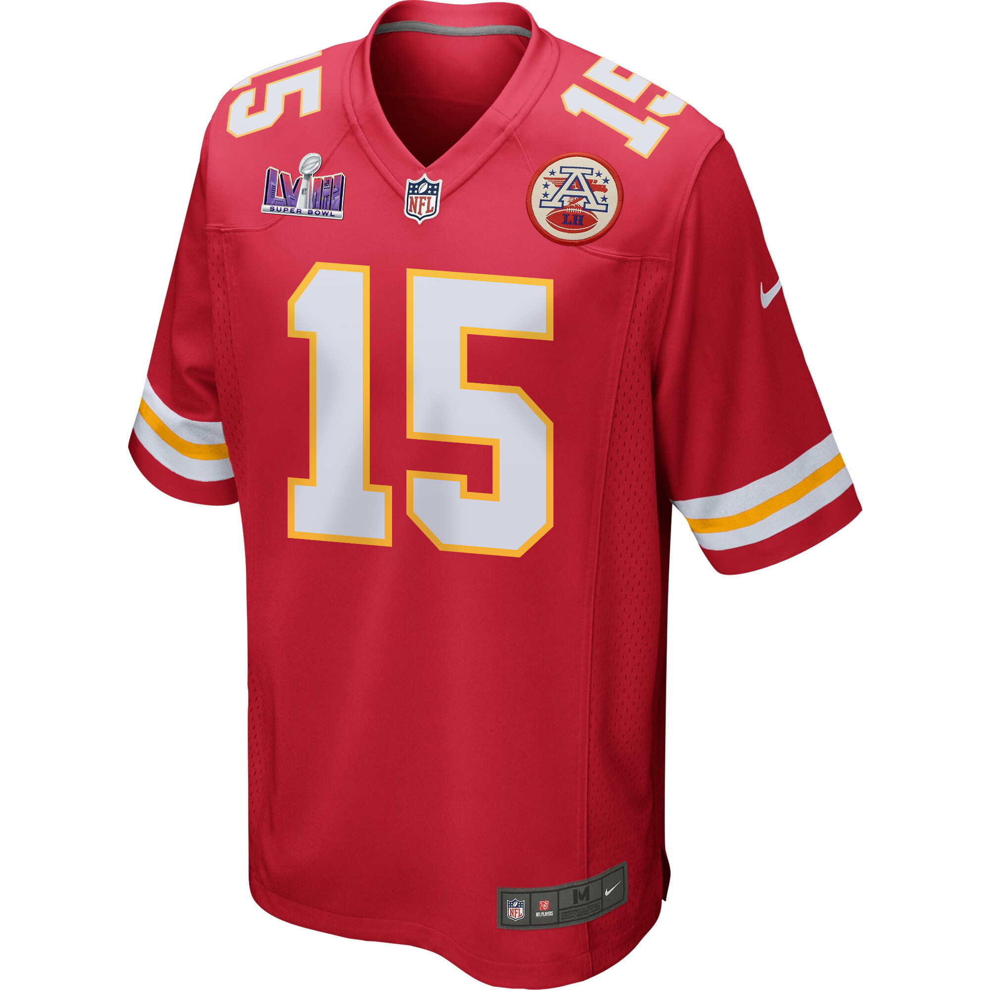 Alternative view of Patrick Mahomes 15 Kansas City Chiefs Super Bowl LVIII Patch Game Men Jersey - Red JS3222 nicesnker
