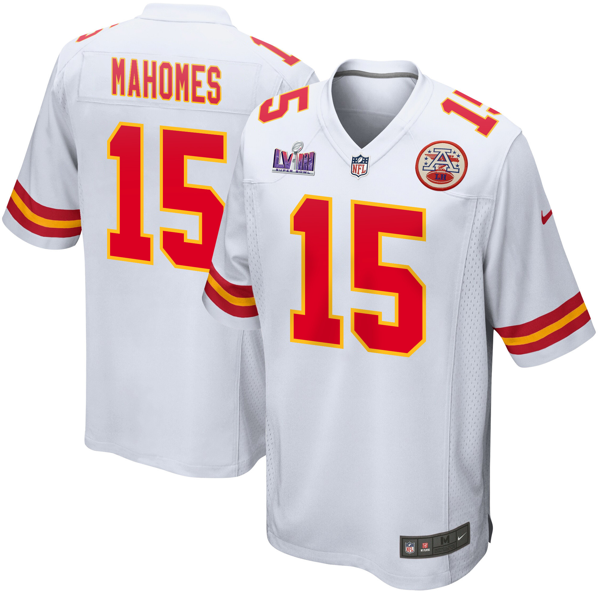 Patrick Mahomes 15 Kansas City Chiefs Super Bowl LVIII Patch Game Men Jersey - White JS3040 nicesnker