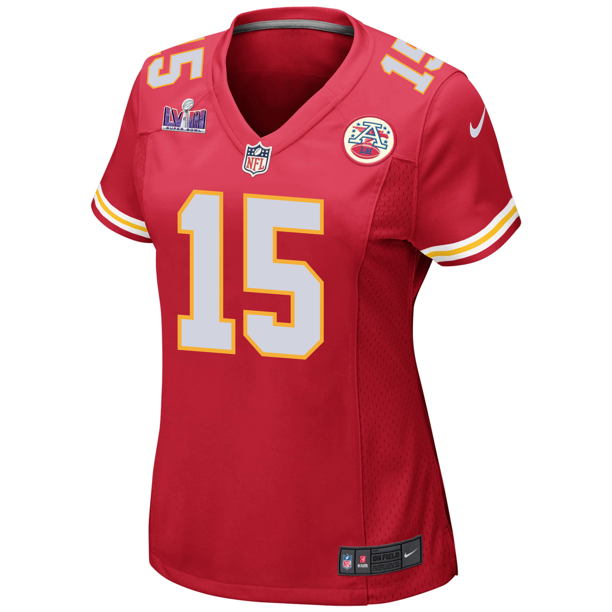 Alternative view of Patrick Mahomes 15 Kansas City Chiefs Super Bowl LVIII Patch Game Women Jersey - Red JS7495 nicesnker