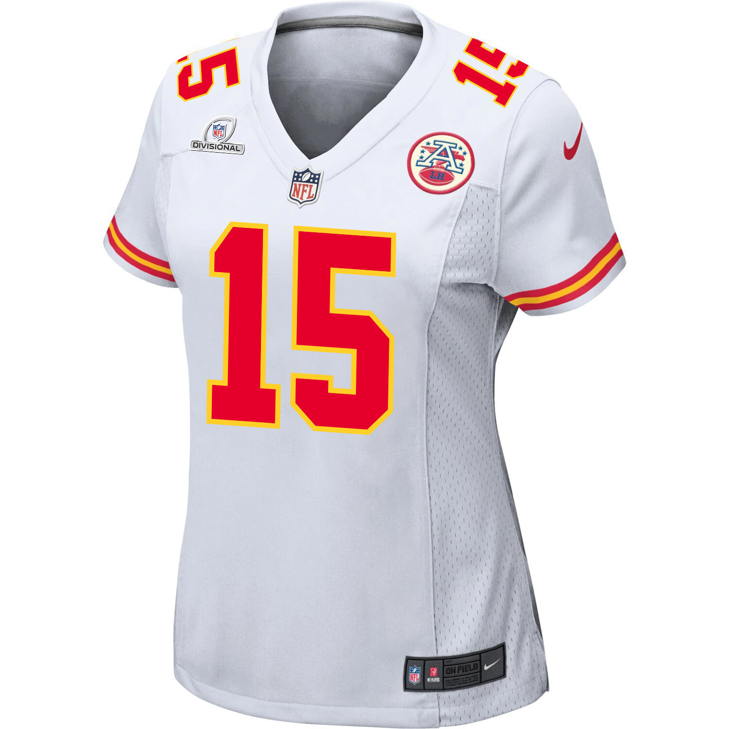 Alternative view of Patrick Mahomes 15 Kansas City Chiefs Super Bowl LVIII Patch Game Women Jersey - White JS3274 nicesnker