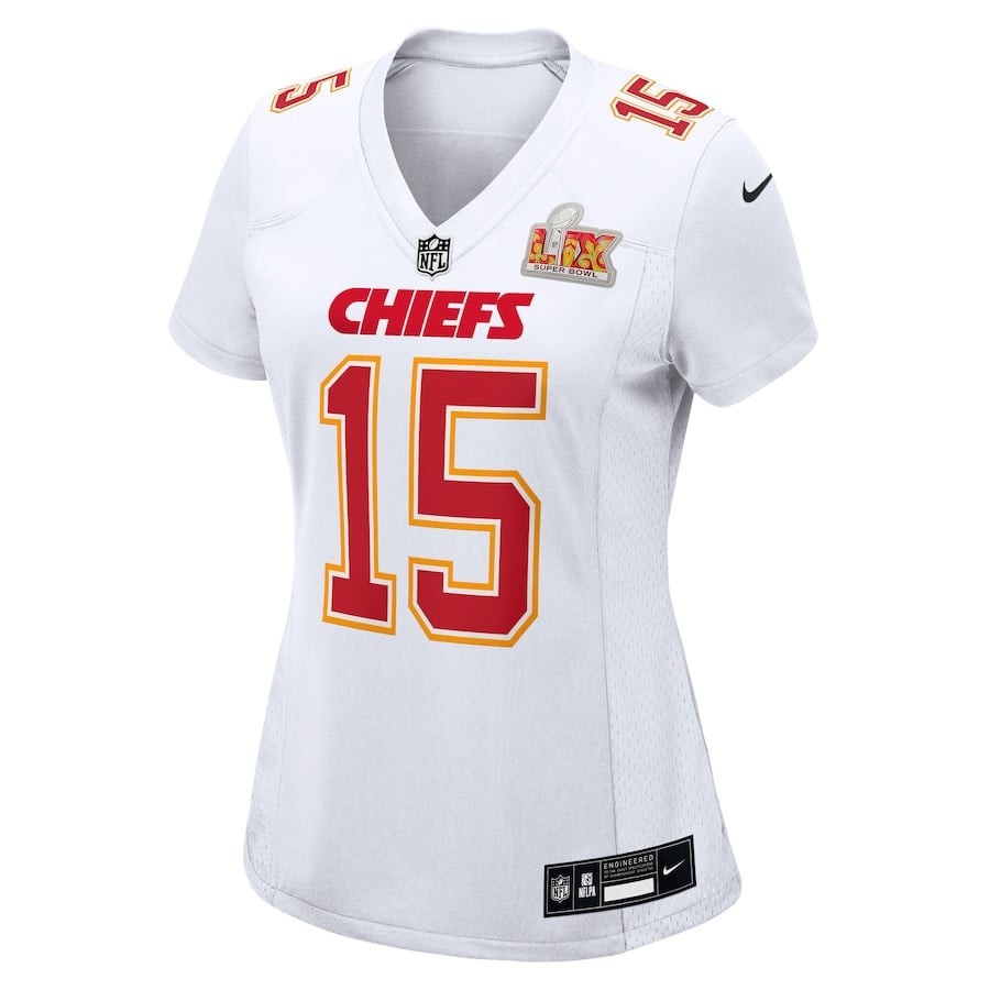 Alternative view of Patrick Mahomes 15 Kansas City Chiefs Women's Super Bowl LIX Fashion Game Jersey - Tundra White JS8718 nicesnker
