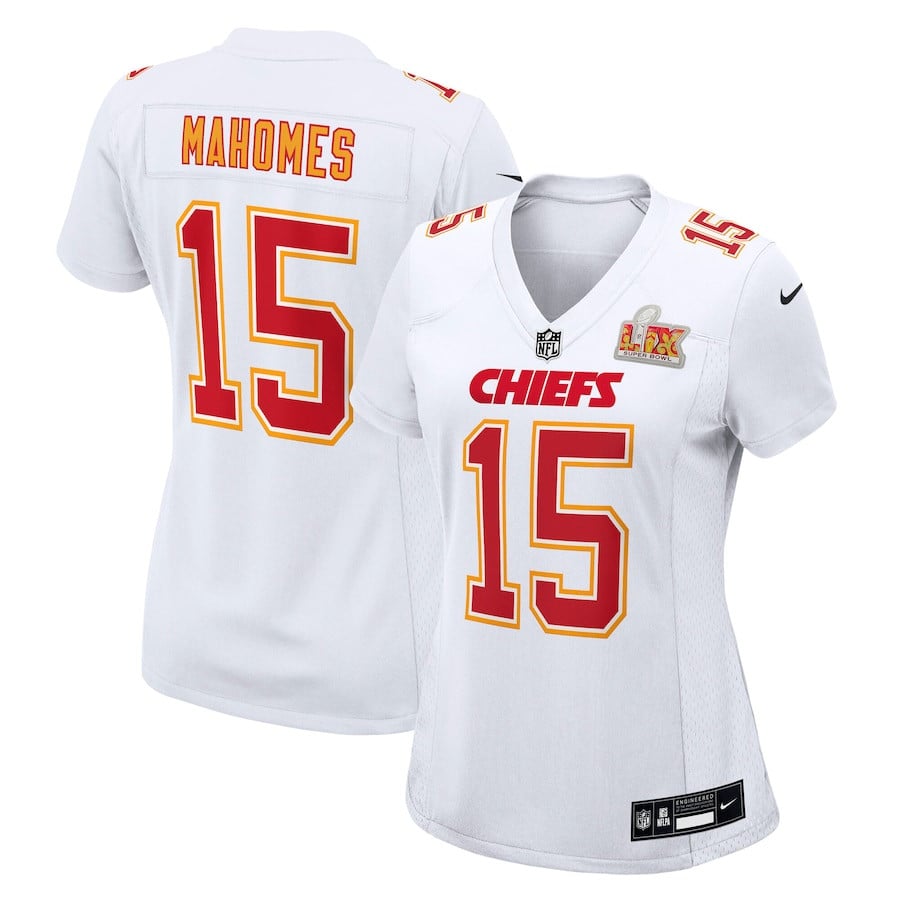 Patrick Mahomes 15 Kansas City Chiefs Women's Super Bowl LIX Fashion Game Jersey - Tundra White JS8718 nicesnker