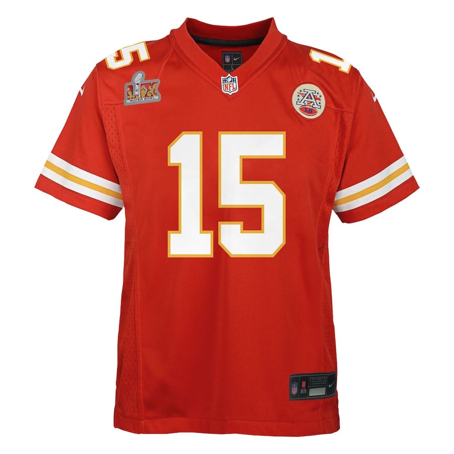 Alternative view of Patrick Mahomes 15 Kansas City Chiefs Youth Super Bowl LIX Game Player Jersey - Red JS2256 nicesnker