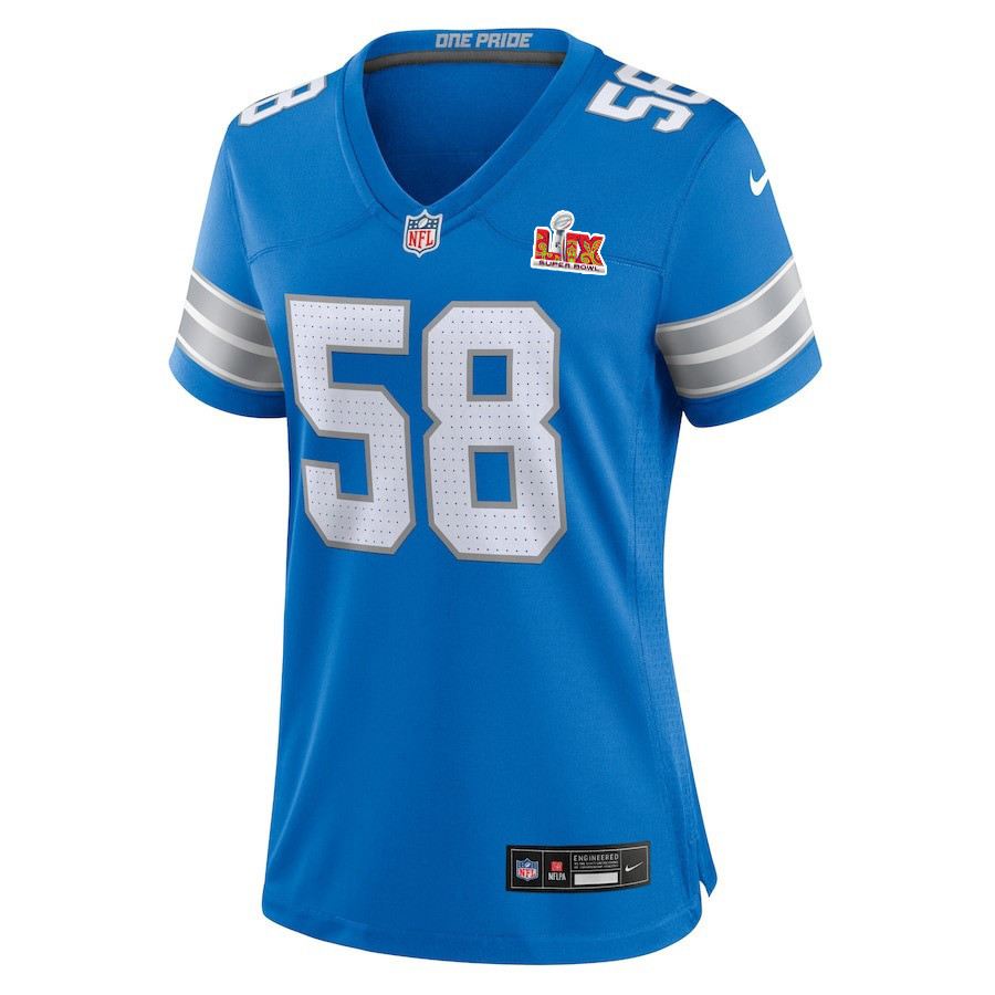 Alternative view of Penei Sewell #58 Detroit Lions Super Bowl LIX Women's Jersey - Blue JS3009 nicesnker