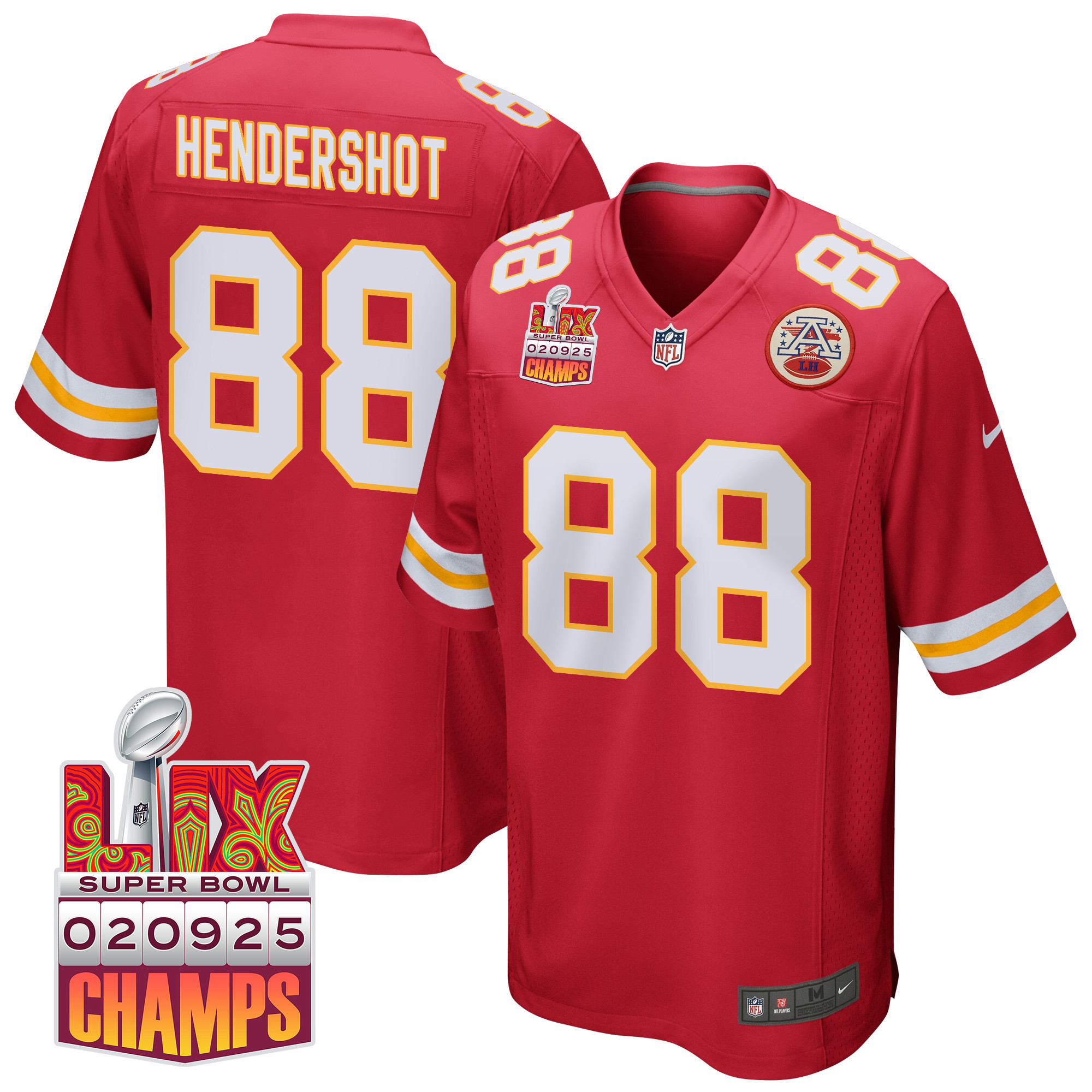 Peyton Hendershot 88 Kansas City Chiefs Super Bowl LIX Champions Patch Game Men Jersey - Red JS4802 nicesnker