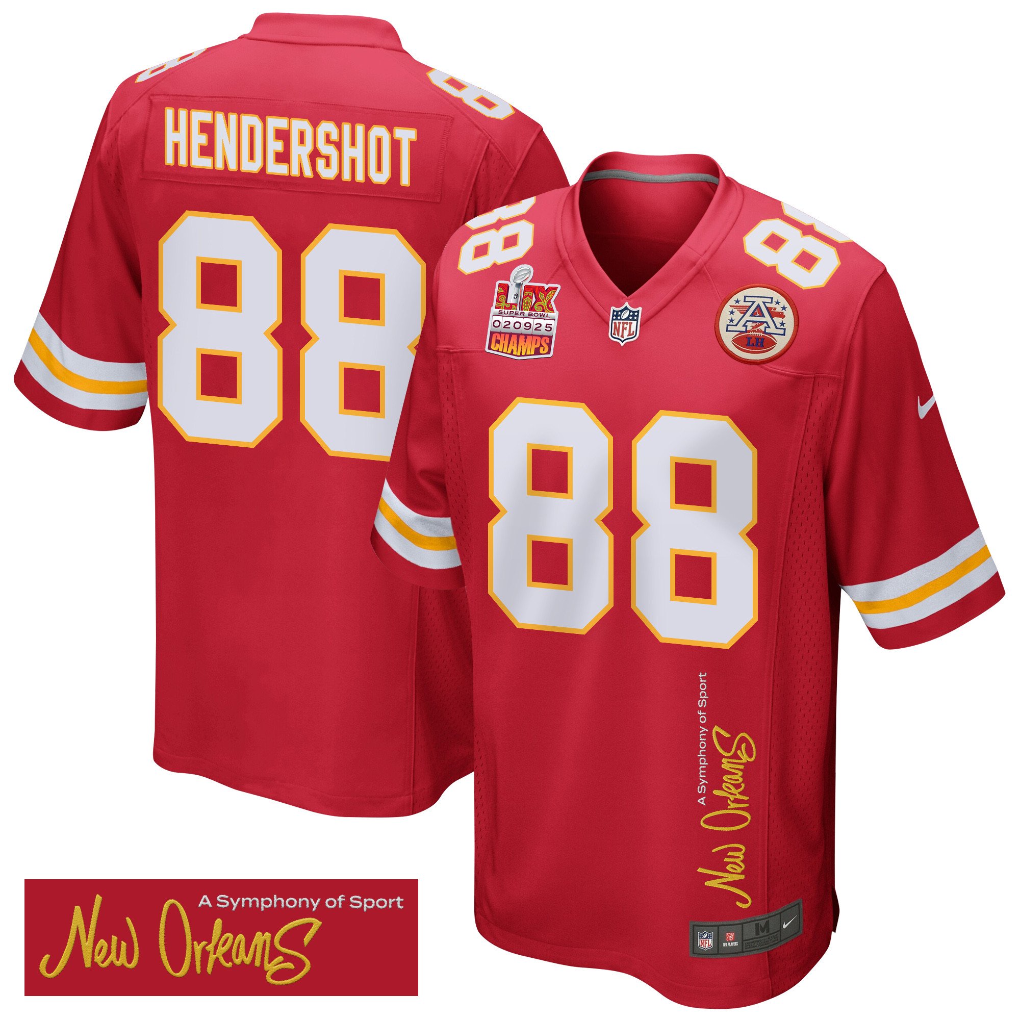 Peyton Hendershot 88 Kansas City Chiefs Super Bowl LIX Champions Patch 'New Orleans - A Symphony of Sport' EMBROIDERED Game Men Jersey - Red JS2012 nicesnker