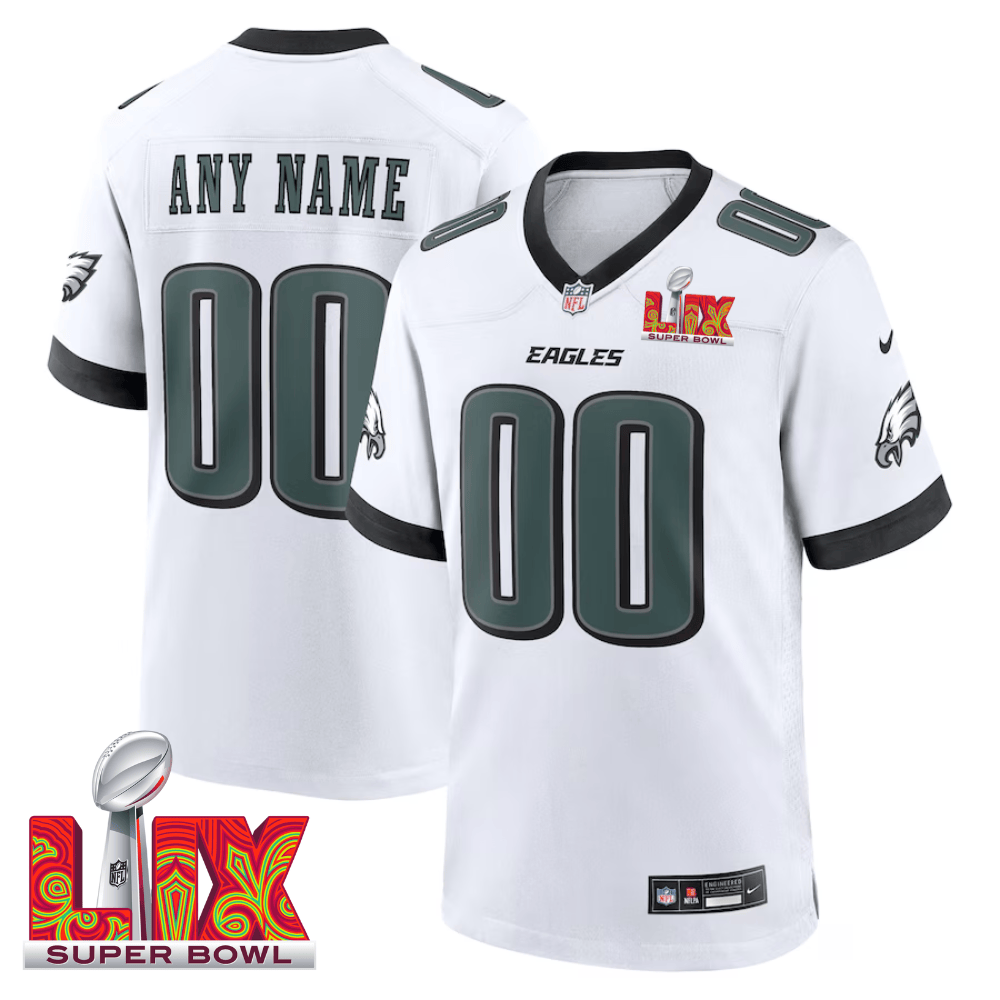 Philadelphia Eagles Super Bowl LIX Patch Game Men Custom Jersey - White JS2434 nicesnker
