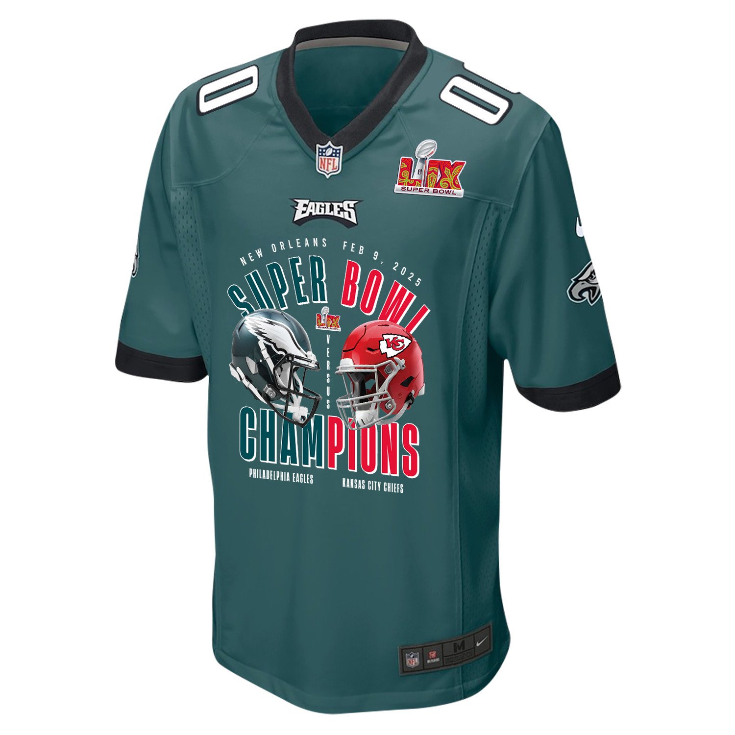 Alternative view of Philadelphia Eagles Vs. Kansas City Chiefs Super Bowl LIX Game Men Custom Jersey - Midnight Green JS9261 nicesnker