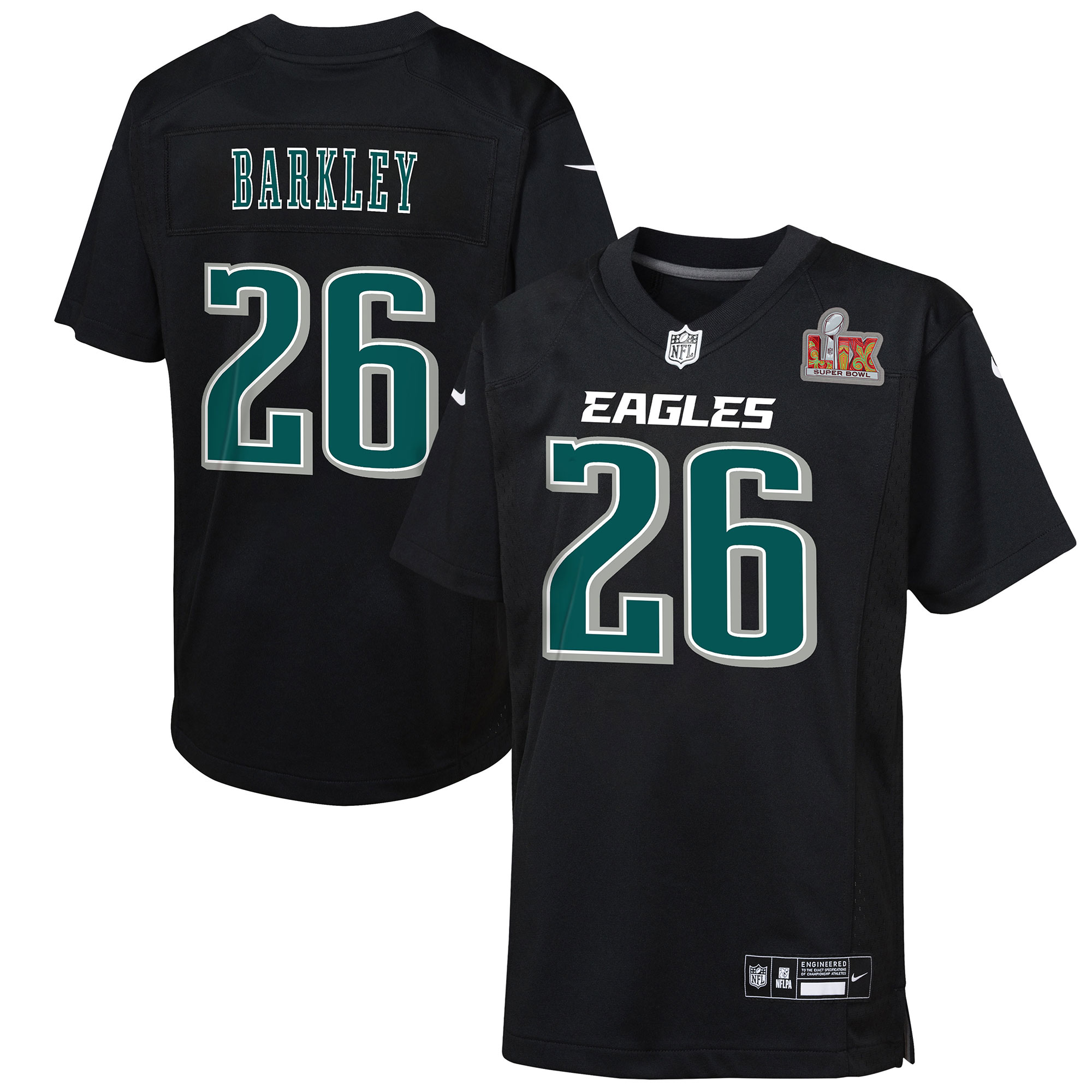 Preschool Philadelphia Eagles Saquon Barkley Carbon Black Super Bowl LIX Patch Fashion Game Player Jersey JS6031 nicesnker