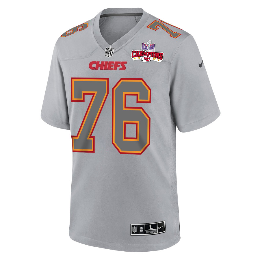 Alternative view of Prince Tega Wanogho 76 Kansas City Chiefs Super Bowl LVIII Champions 4 Stars Patch Atmosphere Fashion Game Men Jersey - Gray JS8973 nicesnker