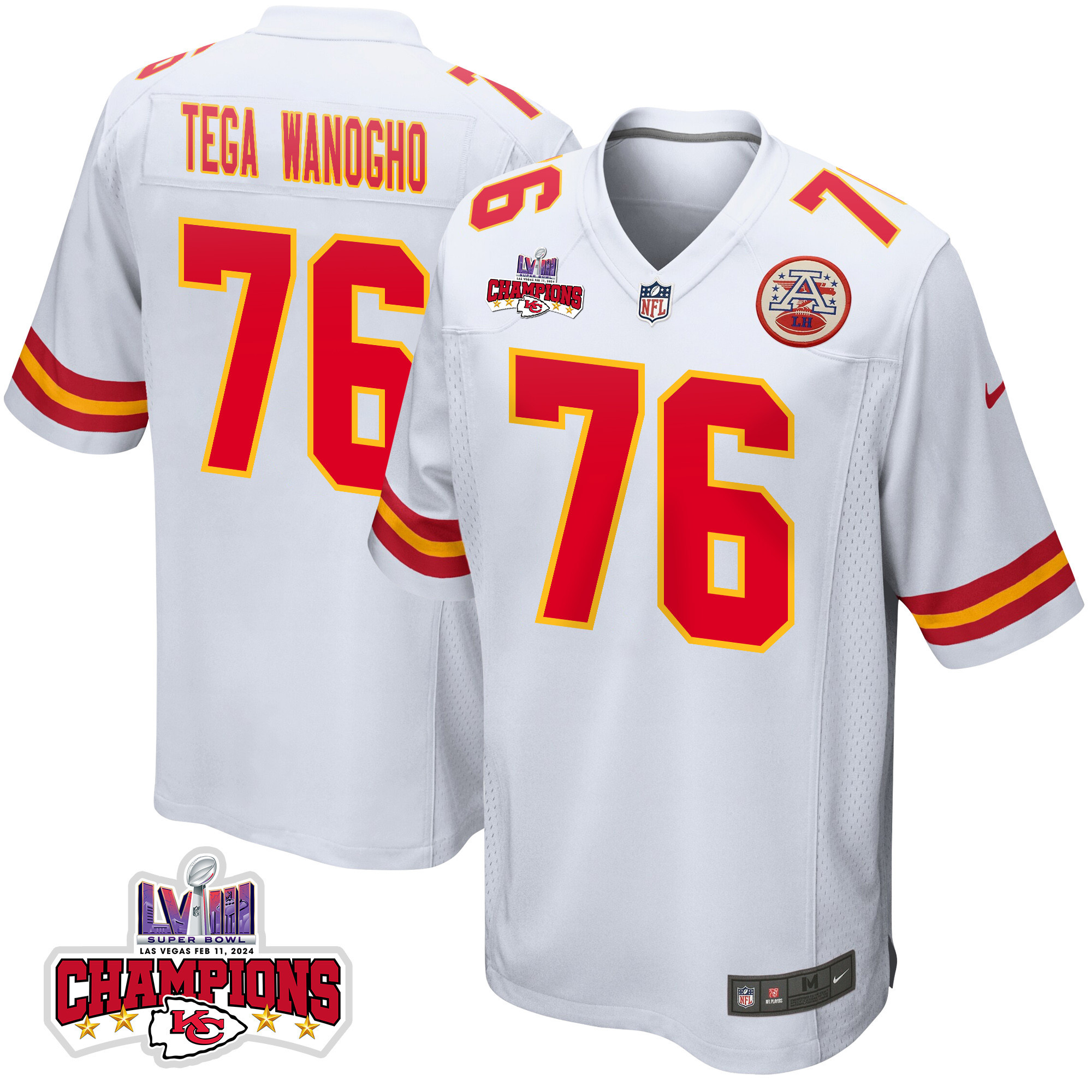 Prince Tega Wanogho 76 Kansas City Chiefs Super Bowl LVIII Champions 4 Stars Patch Game Men Jersey - White JS1602 nicesnker