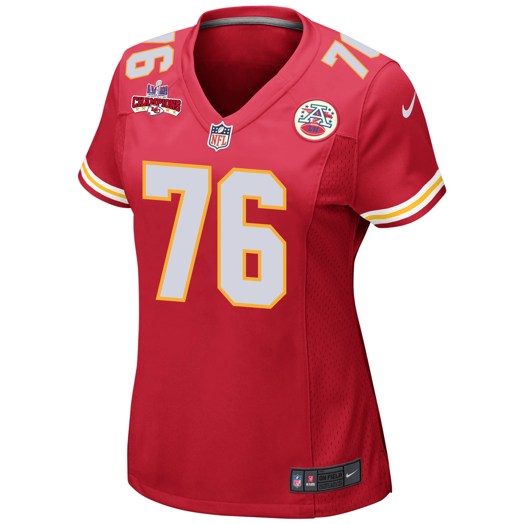 Alternative view of Prince Tega Wanogho 76 Kansas City Chiefs Super Bowl LVIII Champions 4 Stars Patch Game Women Jersey - Red JS4055 nicesnker