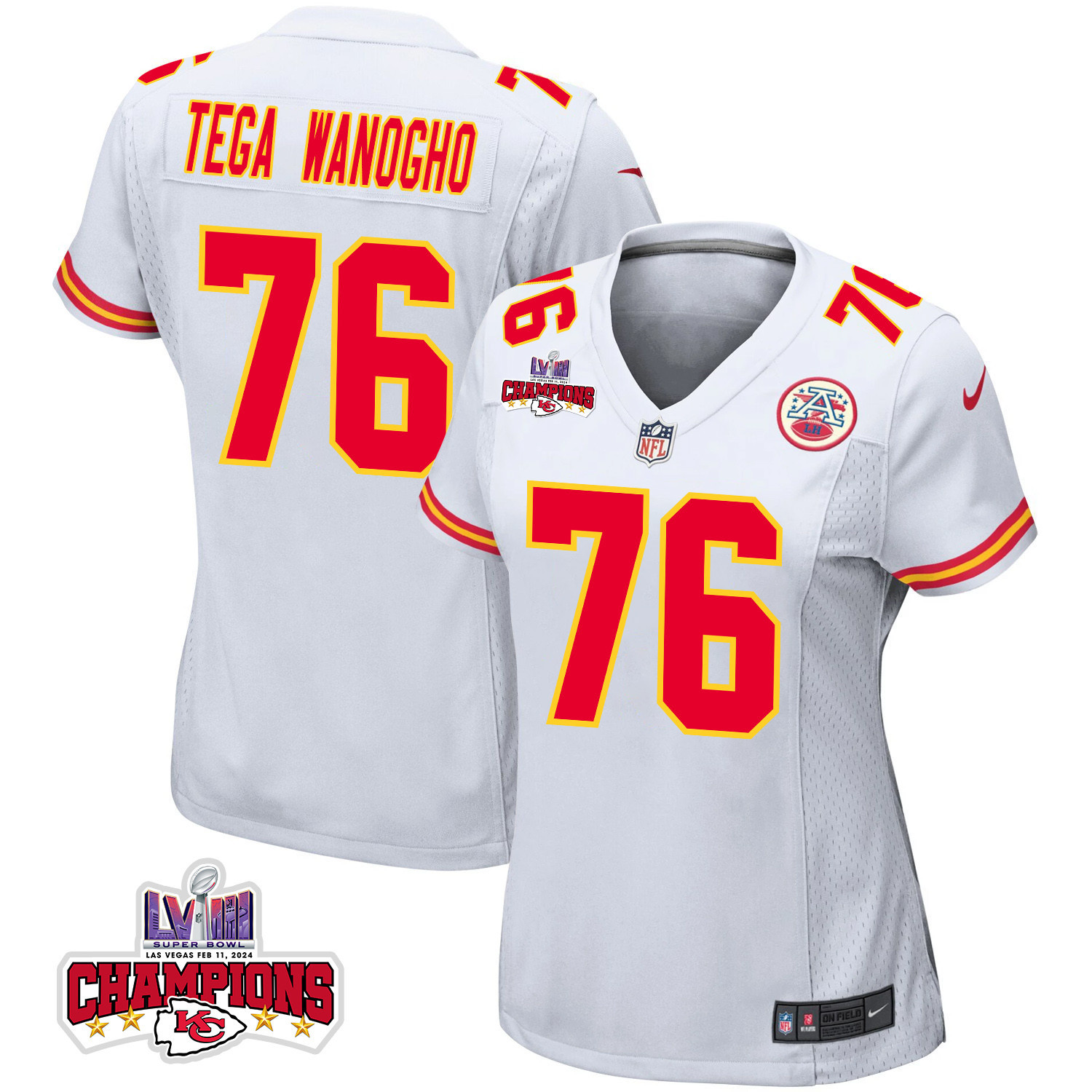 Prince Tega Wanogho 76 Kansas City Chiefs Super Bowl LVIII Champions 4 Stars Patch Game Women Jersey - White JS2444 nicesnker