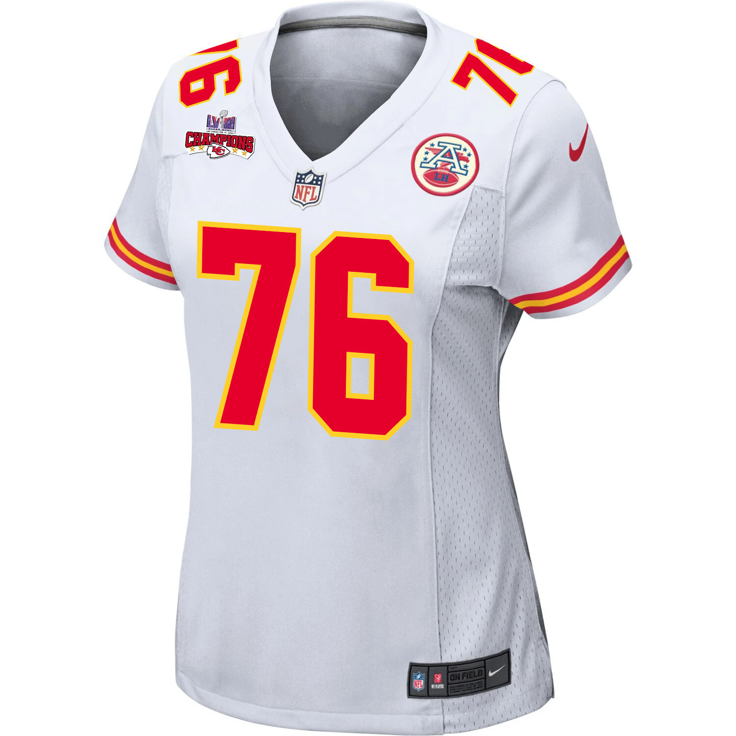 Alternative view of Prince Tega Wanogho 76 Kansas City Chiefs Super Bowl LVIII Champions 4 Stars Patch Game Women Jersey - White JS2444 nicesnker