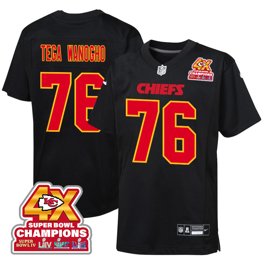 Prince Tega Wanogho 76 Kansas City Chiefs Super Bowl LVIII Champions 4X Fashion Game YOUTH Jersey - Carbon Black JS4867 nicesnker