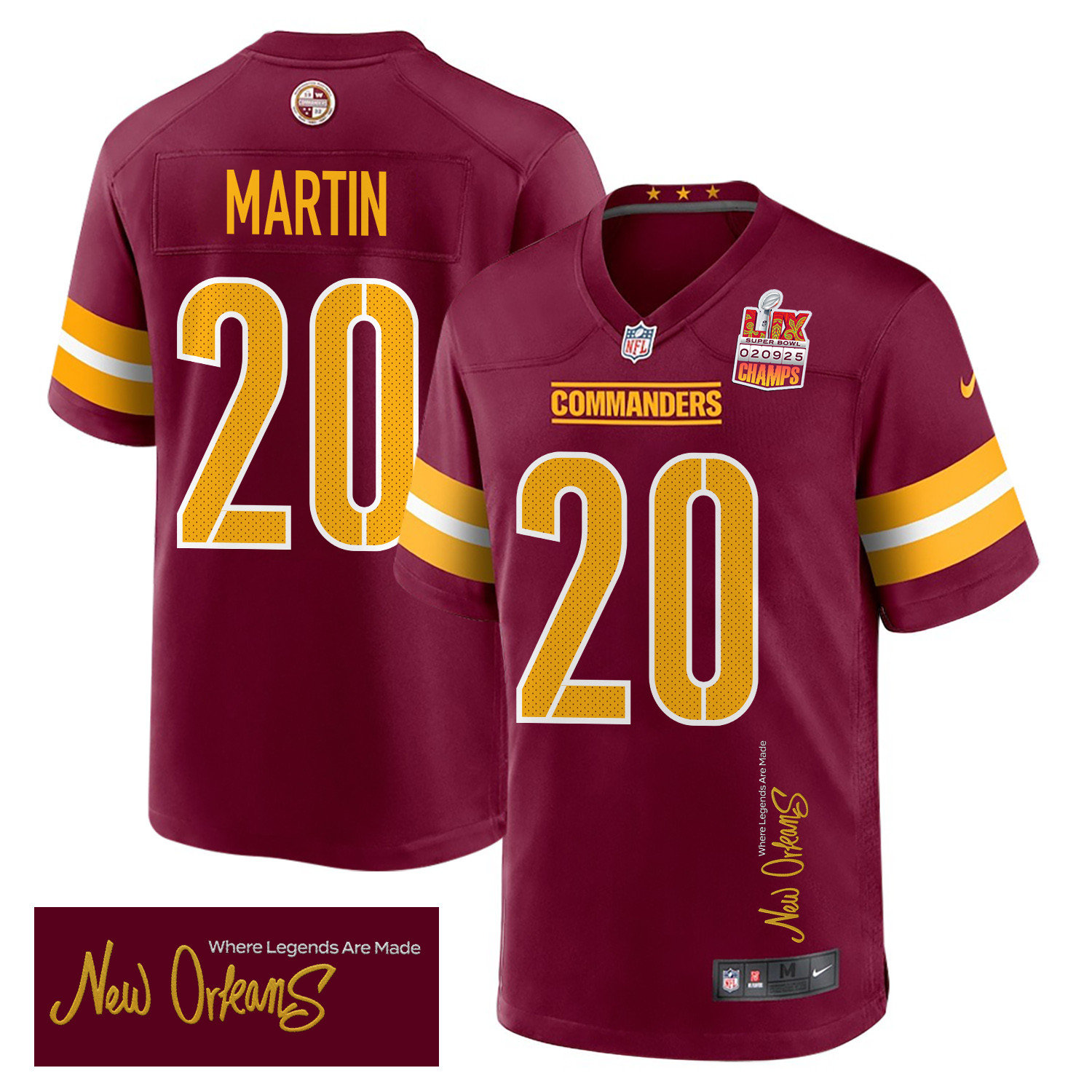 Quan Martin 20 Washington Commanders Super Bowl LIX Champions Patch 'New Orleans - Where Legends Are Made' EMBROIDERED Game Men Jersey - Burgundy JS3248 nicesnker