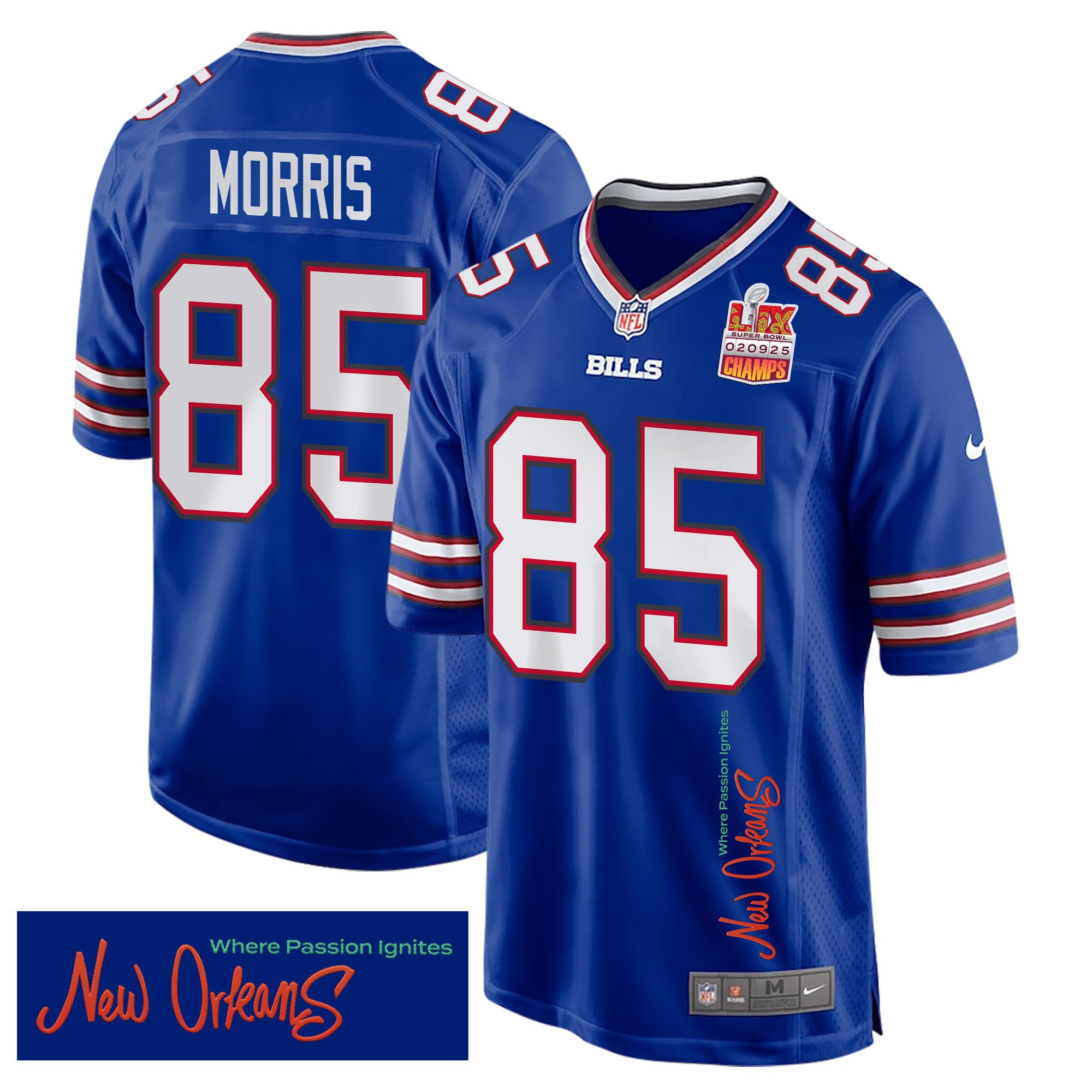 Quintin Morris 85 Buffalo Bills Super Bowl LIX Champions Patch 'New Orleans - Where Passion Ignites' EMBROIDERED Game Men Jersey - Royal JS3325 nicesnker