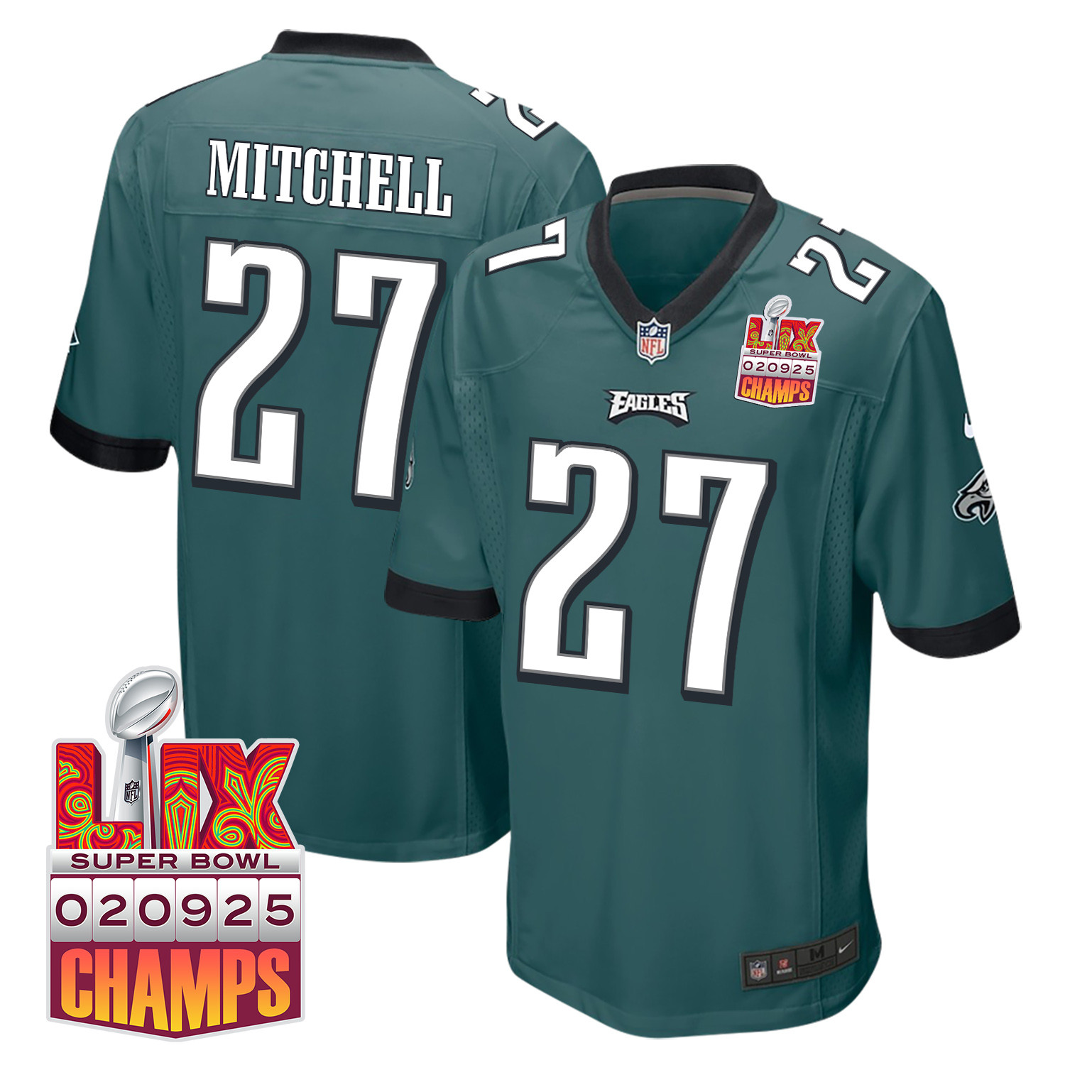 Quinyon Mitchell 27 Philadelphia Eagles Super Bowl LIX Champions Patch Game Men Jersey - Midnight Green JS3281 nicesnker