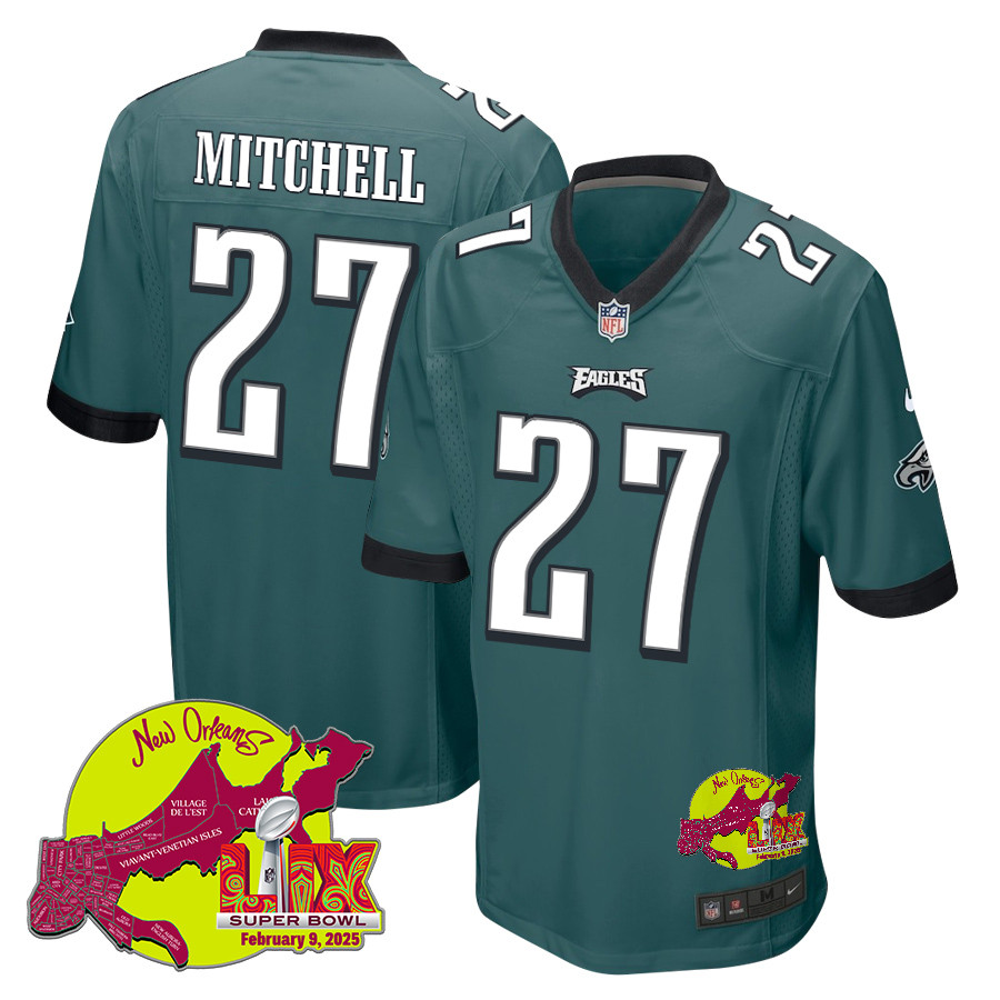 Quinyon Mitchell 27 Philadelphia Eagles Super Bowl LIX New Orleans Patch Game Men Jersey - Midnight Green JS6510 nicesnker