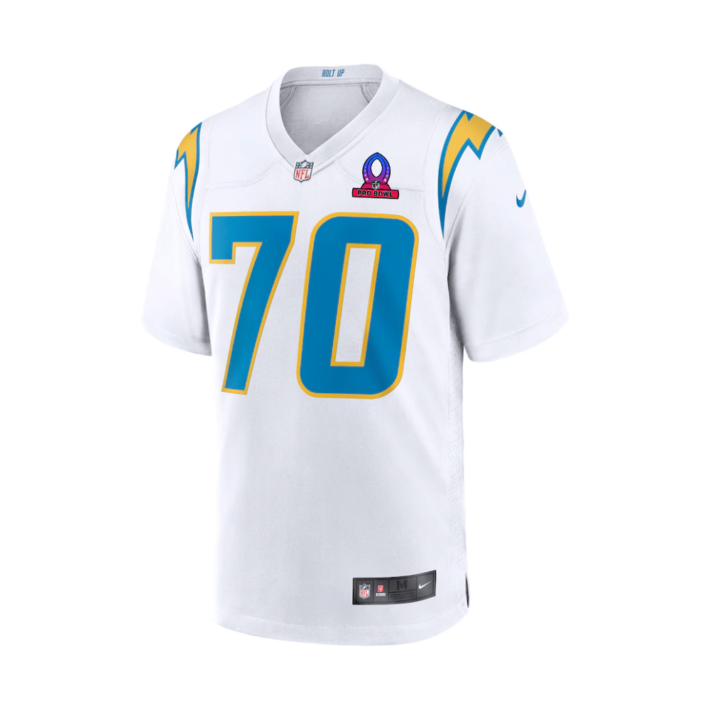 Alternative view of Rashawn Slater 70 Los Angeles Chargers 2025 Pro Bowl Patch Game Men Jersey - White JS2337 nicesnker