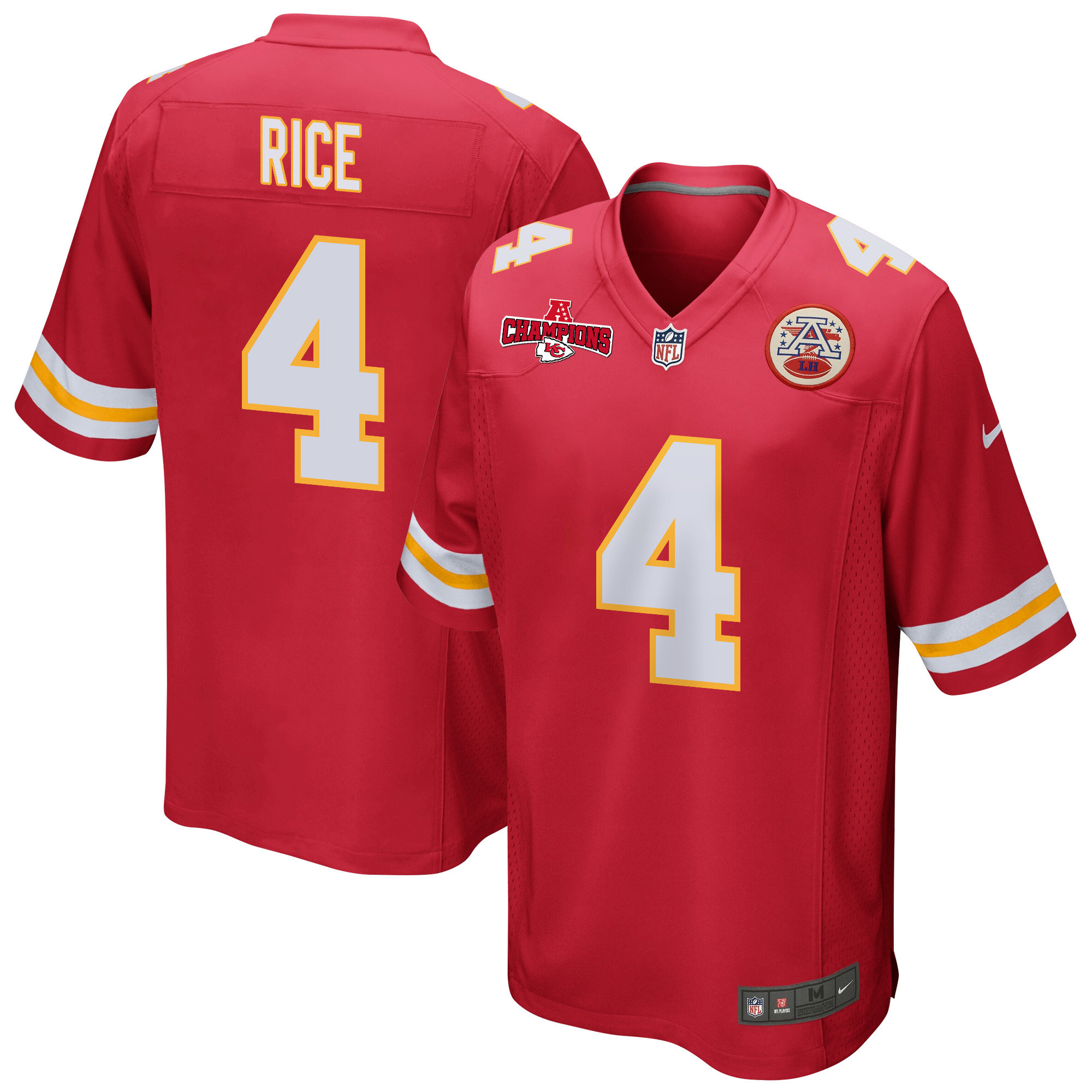 Rashee Rice 4 Kansas City Chiefs AFC Champions Patch Game Men Jersey - Red JS6256 nicesnker