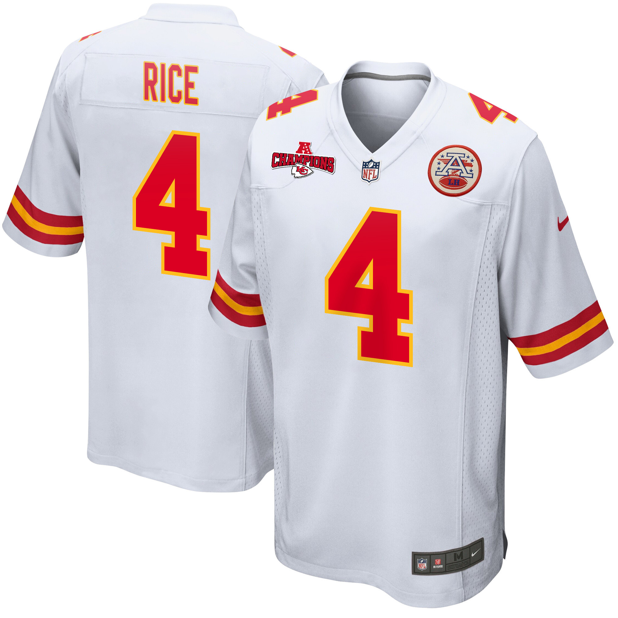 Rashee Rice 4 Kansas City Chiefs AFC Champions Patch Game Men Jersey - White JS4658 nicesnker