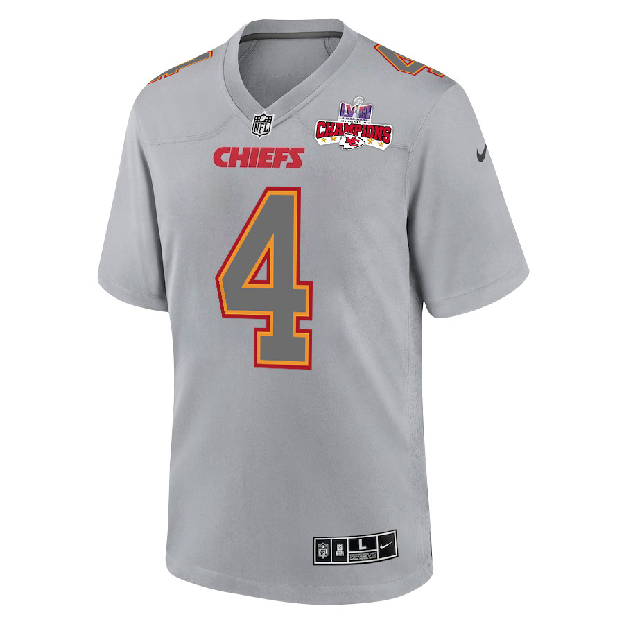 Alternative view of Rashee Rice 4 Kansas City Chiefs Super Bowl LVIII Champions 4 Stars Patch Atmosphere Fashion Game Men Jersey - Gray JS6933 nicesnker