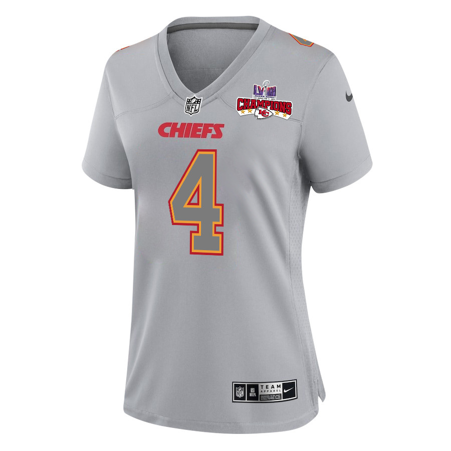 Alternative view of Rashee Rice 4 Kansas City Chiefs Super Bowl LVIII Champions 4 Stars Patch Atmosphere Fashion Game Women Jersey - Gray JS3468 nicesnker