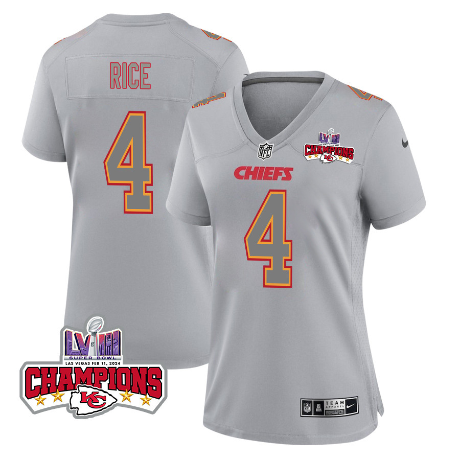 Rashee Rice 4 Kansas City Chiefs Super Bowl LVIII Champions 4 Stars Patch Atmosphere Fashion Game Women Jersey - Gray JS3468 nicesnker