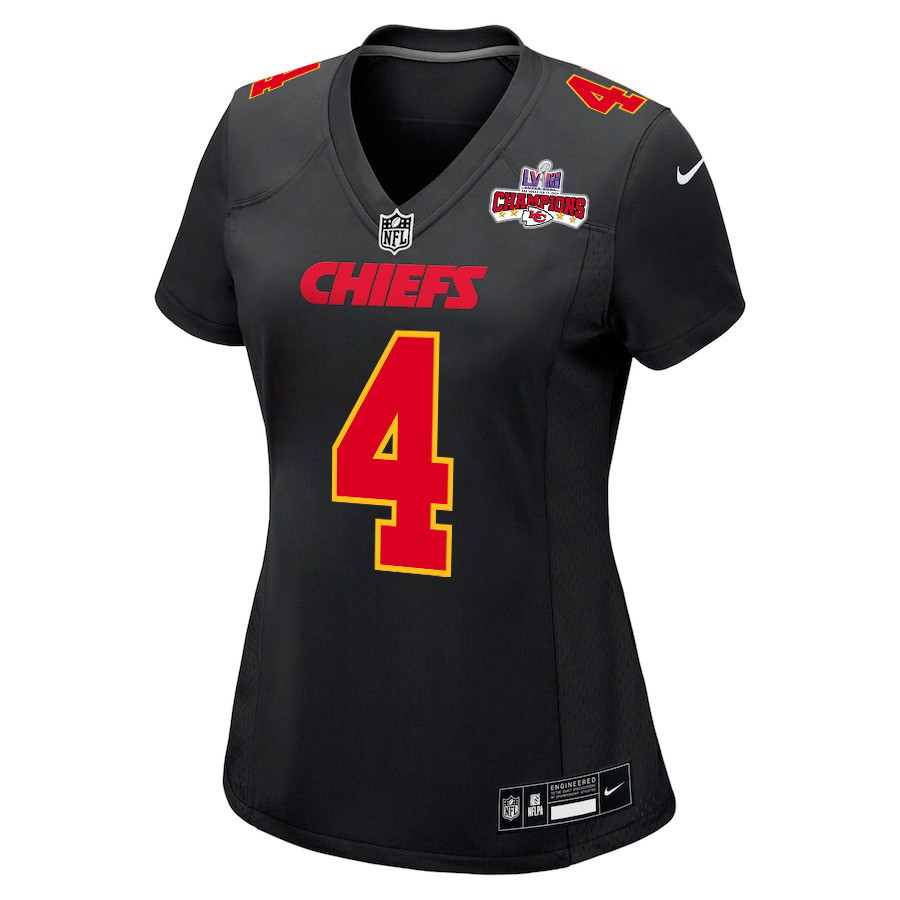 Alternative view of Rashee Rice 4 Kansas City Chiefs Super Bowl LVIII Champions 4 Stars Patch Fashion Game Women Jersey - Carbon Black JS5976 nicesnker