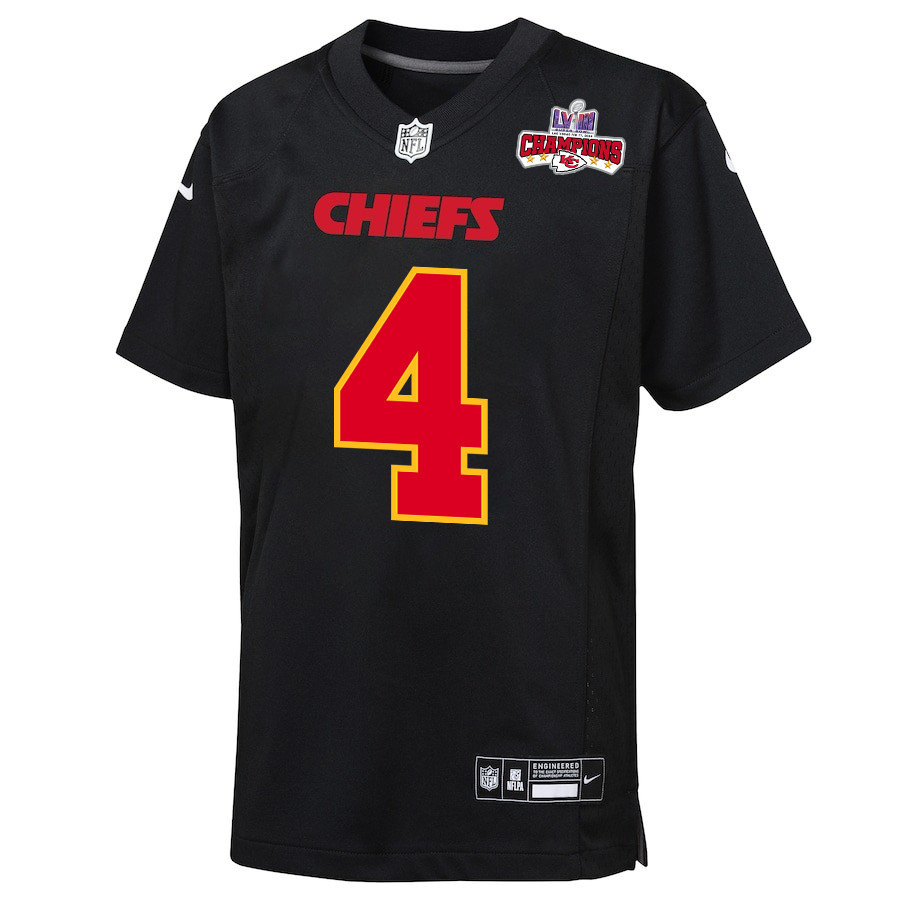 Alternative view of Rashee Rice 4 Kansas City Chiefs Super Bowl LVIII Champions 4 Stars Patch Fashion Game YOUTH Jersey - Carbon Black JS7607 nicesnker