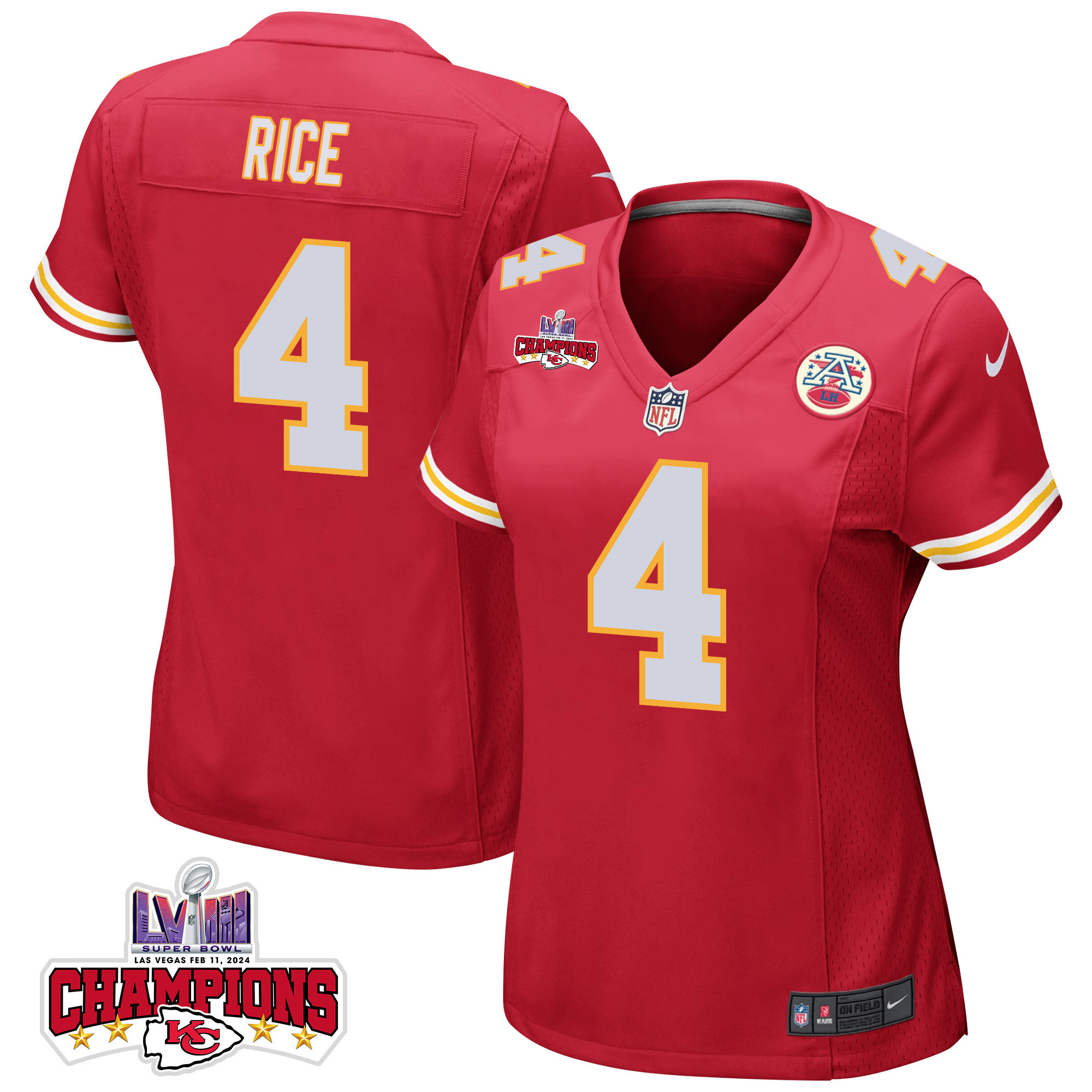 Rashee Rice 4 Kansas City Chiefs Super Bowl LVIII Champions 4 Stars Patch Game Women Jersey - Red JS6419 nicesnker