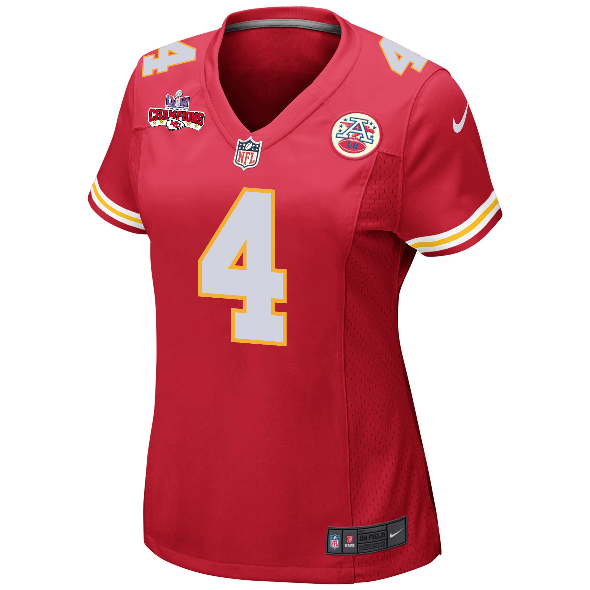 Alternative view of Rashee Rice 4 Kansas City Chiefs Super Bowl LVIII Champions 4 Stars Patch Game Women Jersey - Red JS6419 nicesnker