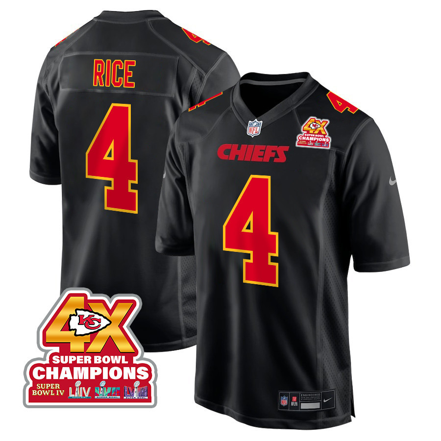 Rashee Rice 4 Kansas City Chiefs Super Bowl LVIII Champions 4X Fashion Game Men Jersey - Carbon Black JS4773 nicesnker