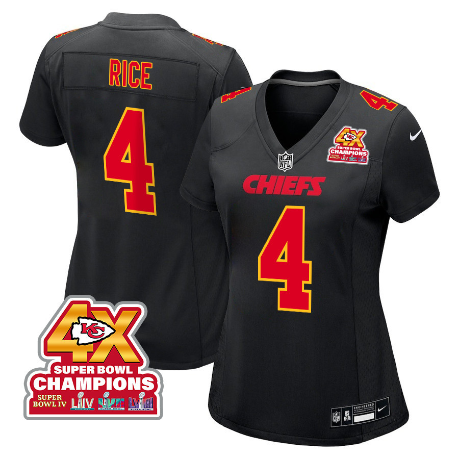 Rashee Rice 4 Kansas City Chiefs Super Bowl LVIII Champions 4X Fashion Game Women Jersey - Carbon Black JS8567 nicesnker