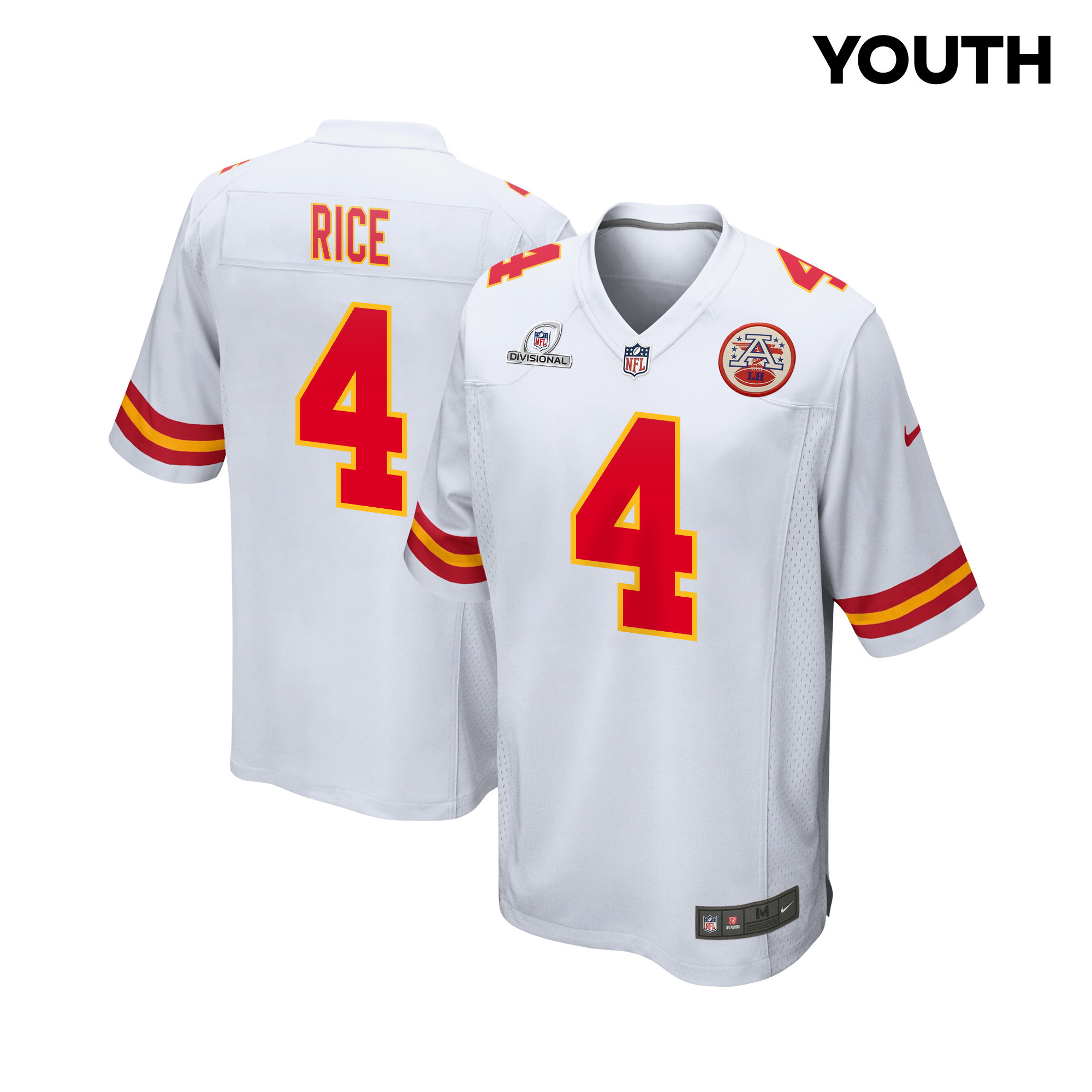 Rashee Rice 4 Kansas City Chiefs Super Bowl LVIII Patch Game YOUTH Jersey - White JS4290 nicesnker