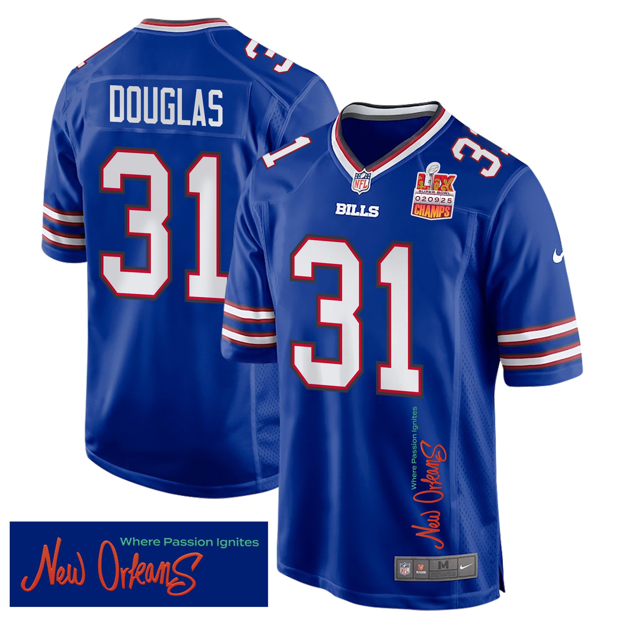 Rasul Douglas 31 Buffalo Bills Super Bowl LIX Champions Patch 'New Orleans - Where Passion Ignites' EMBROIDERED Game Men Jersey - Royal JS7982 nicesnker