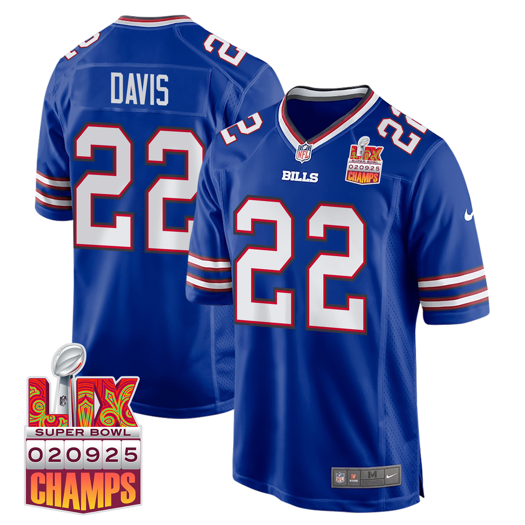 Ray Davis 22 Buffalo Bills Super Bowl LIX Champions Patch Game Men Jersey - Royal JS7608 nicesnker