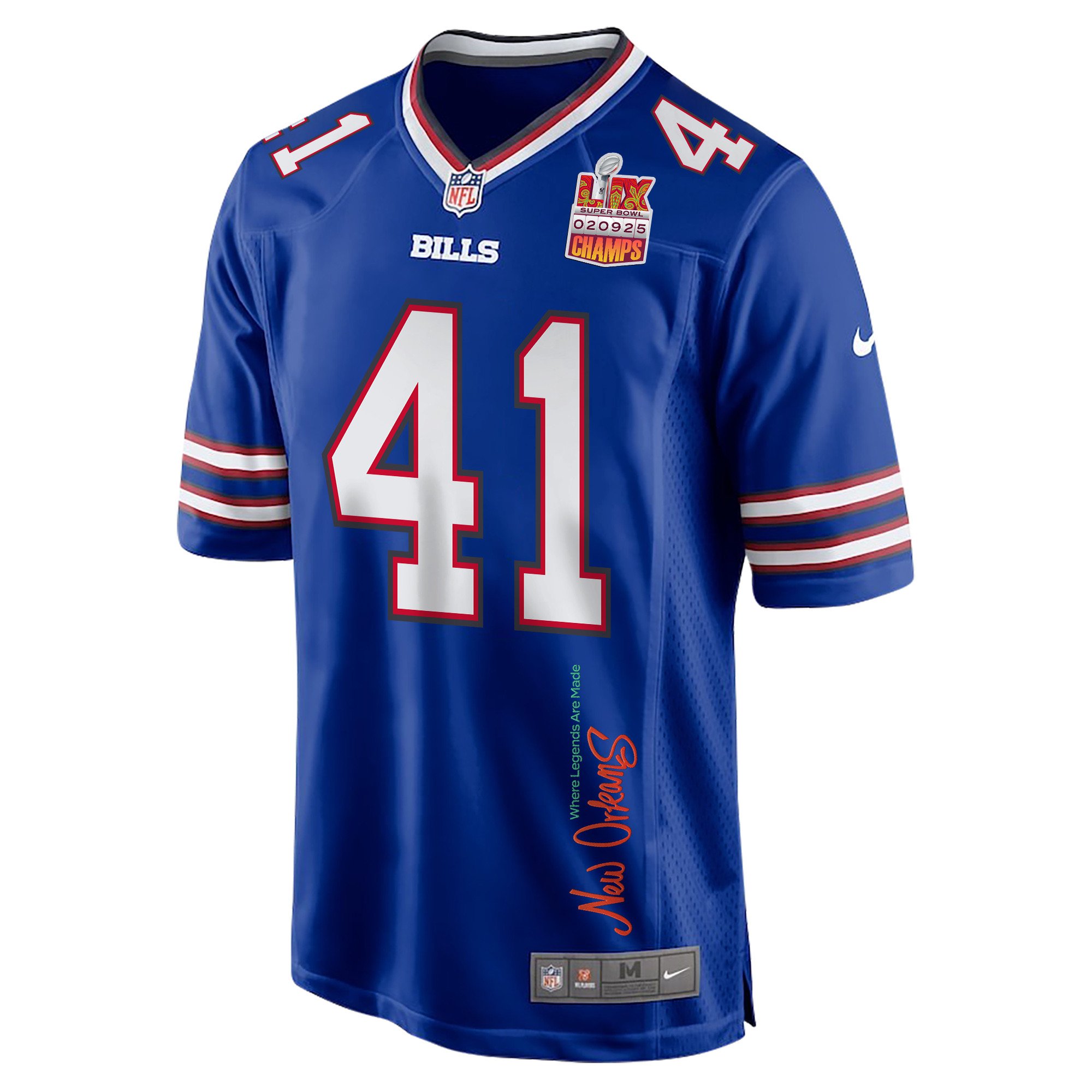 Reggie Gilliam 41 Buffalo Bills Super Bowl LIX Champions Patch 'New Orleans - Where Legends Are Made' EMBROIDERED Game Men Jersey - Royal JS7166 nicesnker - Image 3