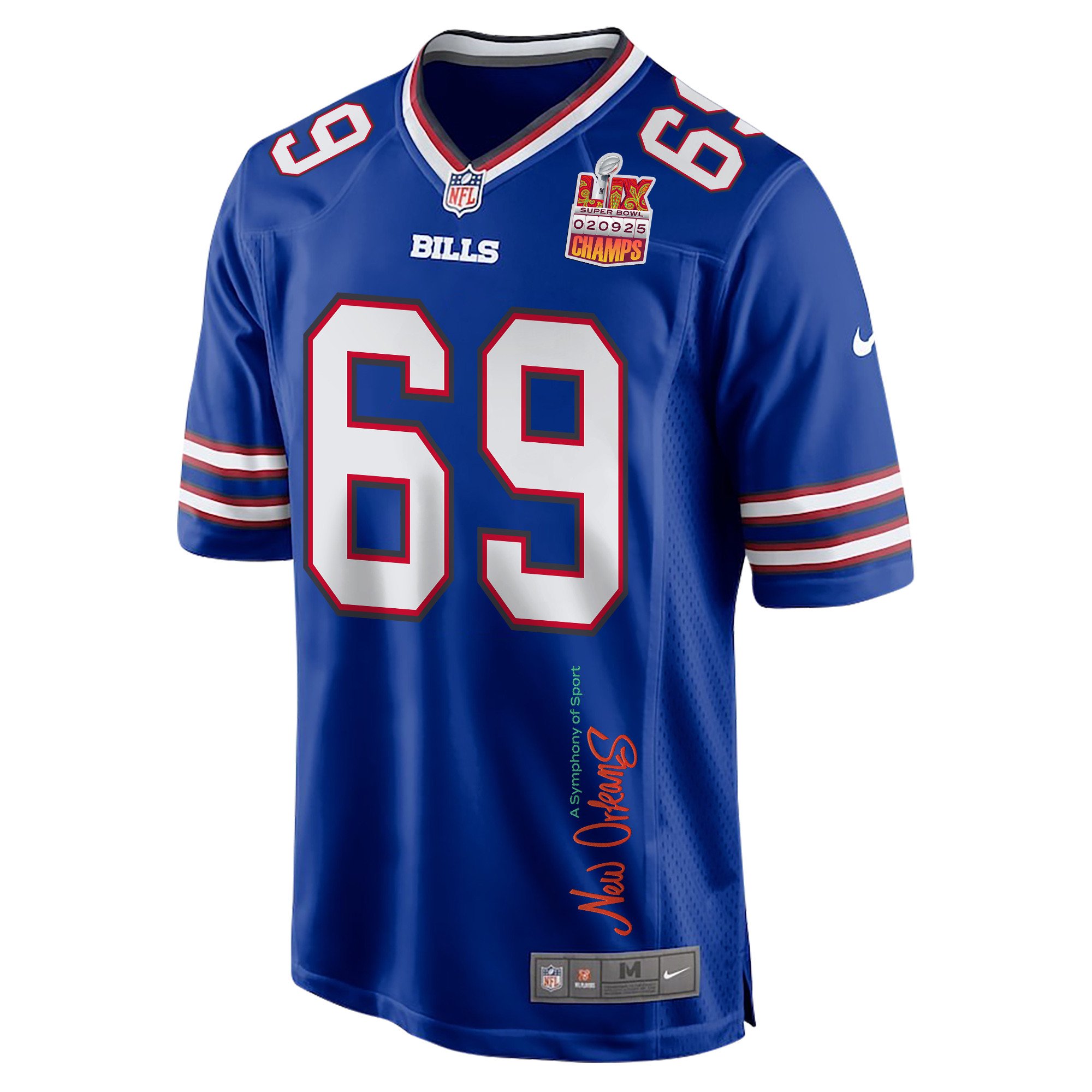 Reid Ferguson 69 Buffalo Bills Super Bowl LIX Champions Patch 'New Orleans - A Symphony of Sport' EMBROIDERED Game Men Jersey - Royal JS6491 nicesnker - Image 3