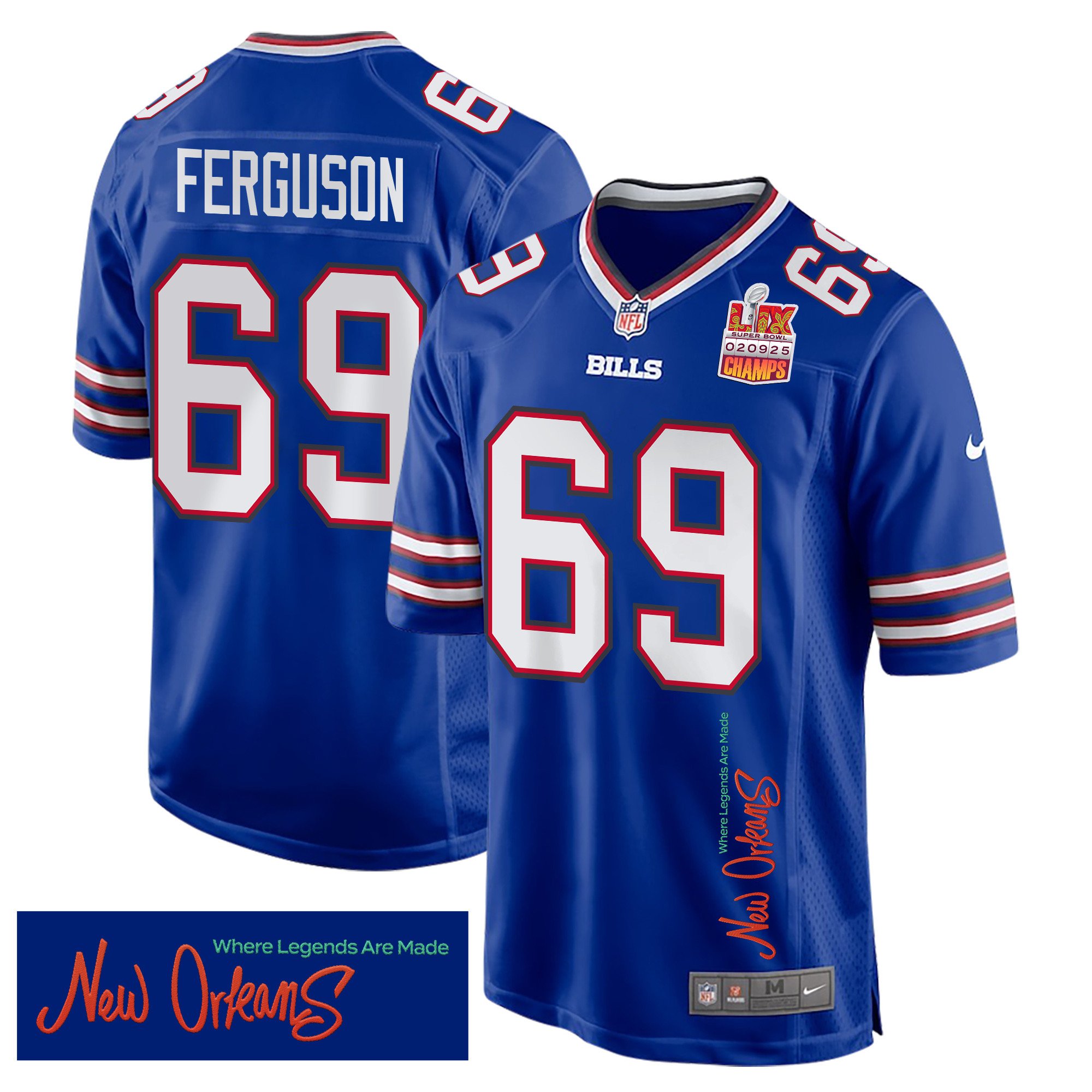 Reid Ferguson 69 Buffalo Bills Super Bowl LIX Champions Patch 'New Orleans - Where Legends Are Made' EMBROIDERED Game Men Jersey - Royal JS3558 nicesnker