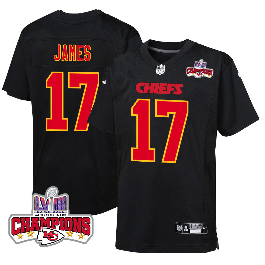 Richie James 17 Kansas City Chiefs Super Bowl LVIII Champions 4 Stars Patch Fashion Game YOUTH Jersey - Carbon Black JS2666 nicesnker
