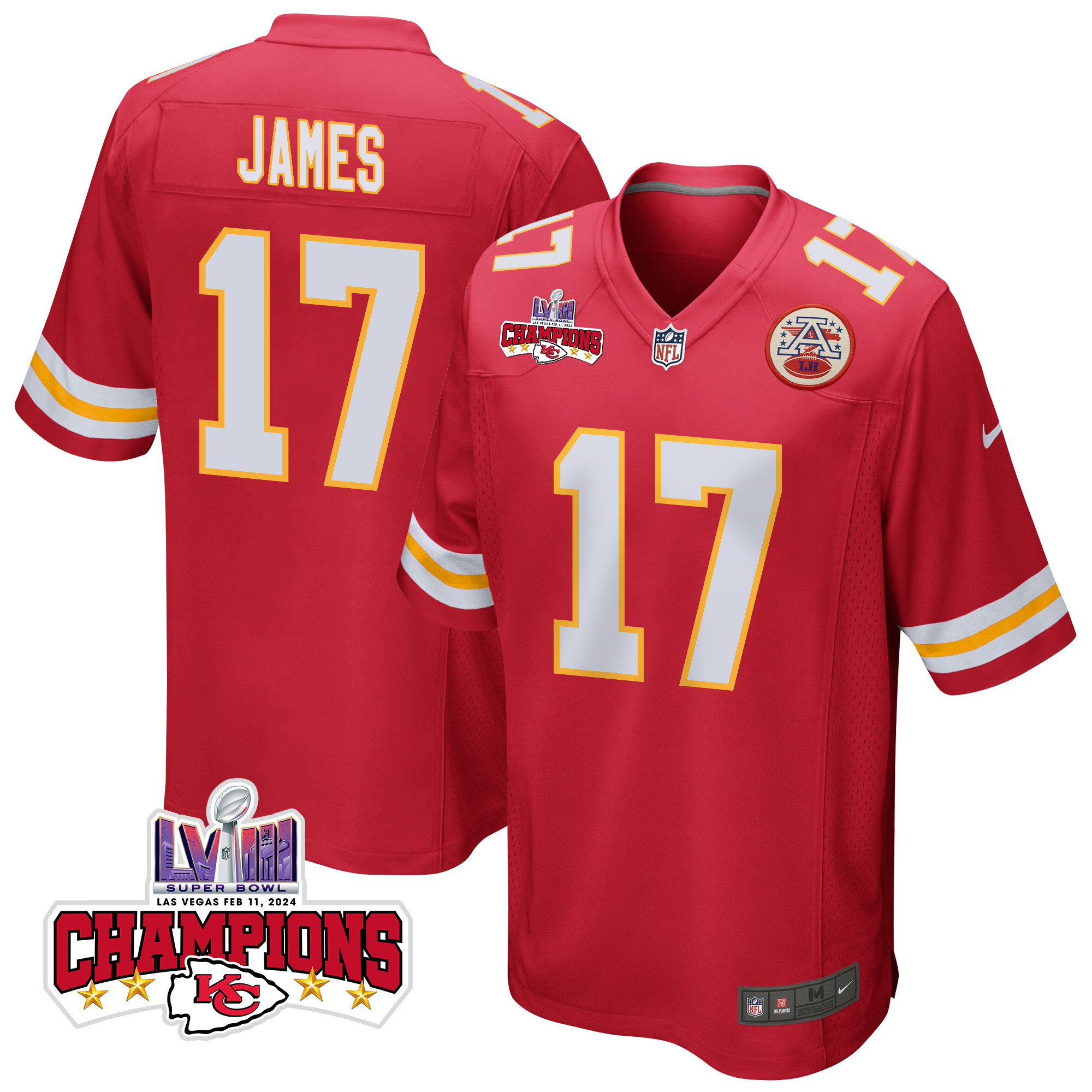 Richie James 17 Kansas City Chiefs Super Bowl LVIII Champions 4 Stars Patch Game Men Jersey - Red JS9977 nicesnker