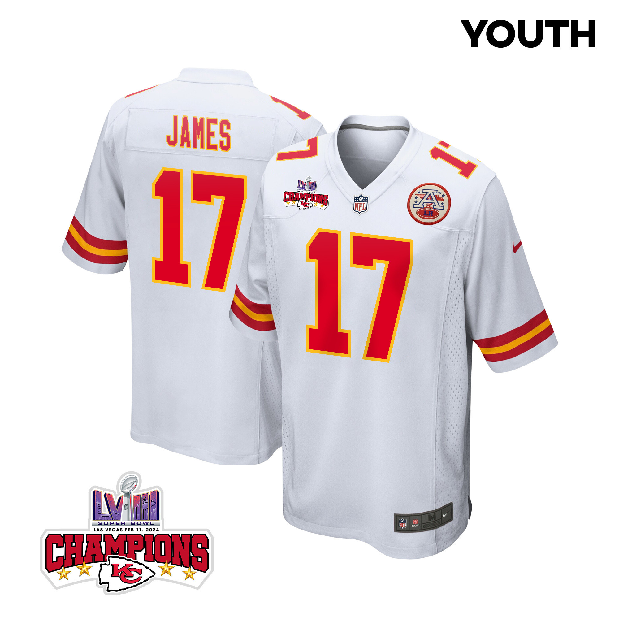 Richie James 17 Kansas City Chiefs Super Bowl LVIII Champions 4 Stars Patch Game YOUTH Jersey - White JS5277 nicesnker