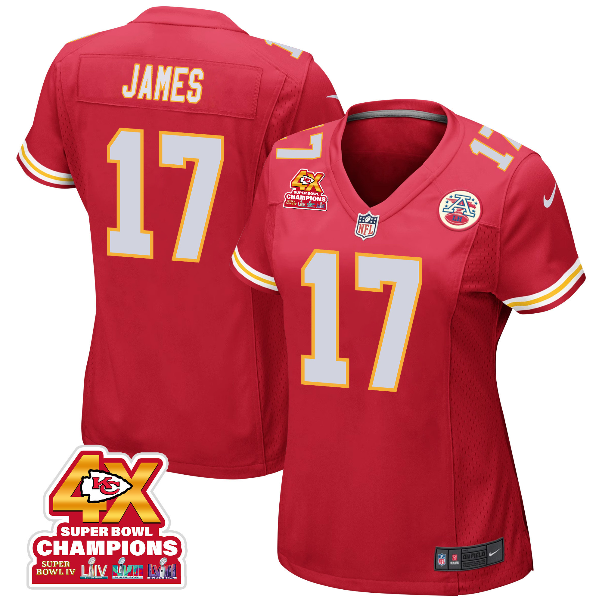 Richie James 17 Kansas City Chiefs Super Bowl LVIII Champions 4X Game Women Jersey - Red JS4140 nicesnker
