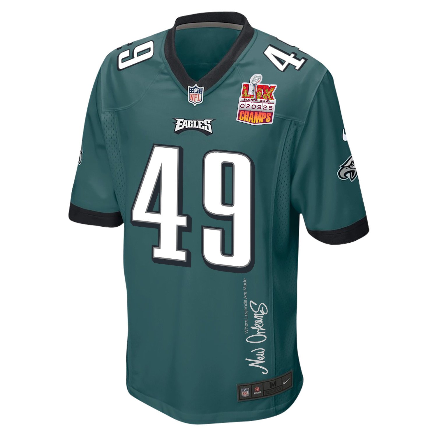 Rick Lovato 49 Philadelphia Eagles Super Bowl LIX Champions Patch 'New Orleans - Where Legends Are Made' EMBROIDERED Game Men Jersey - Midnight Green JS6097 nicesnker - Image 3