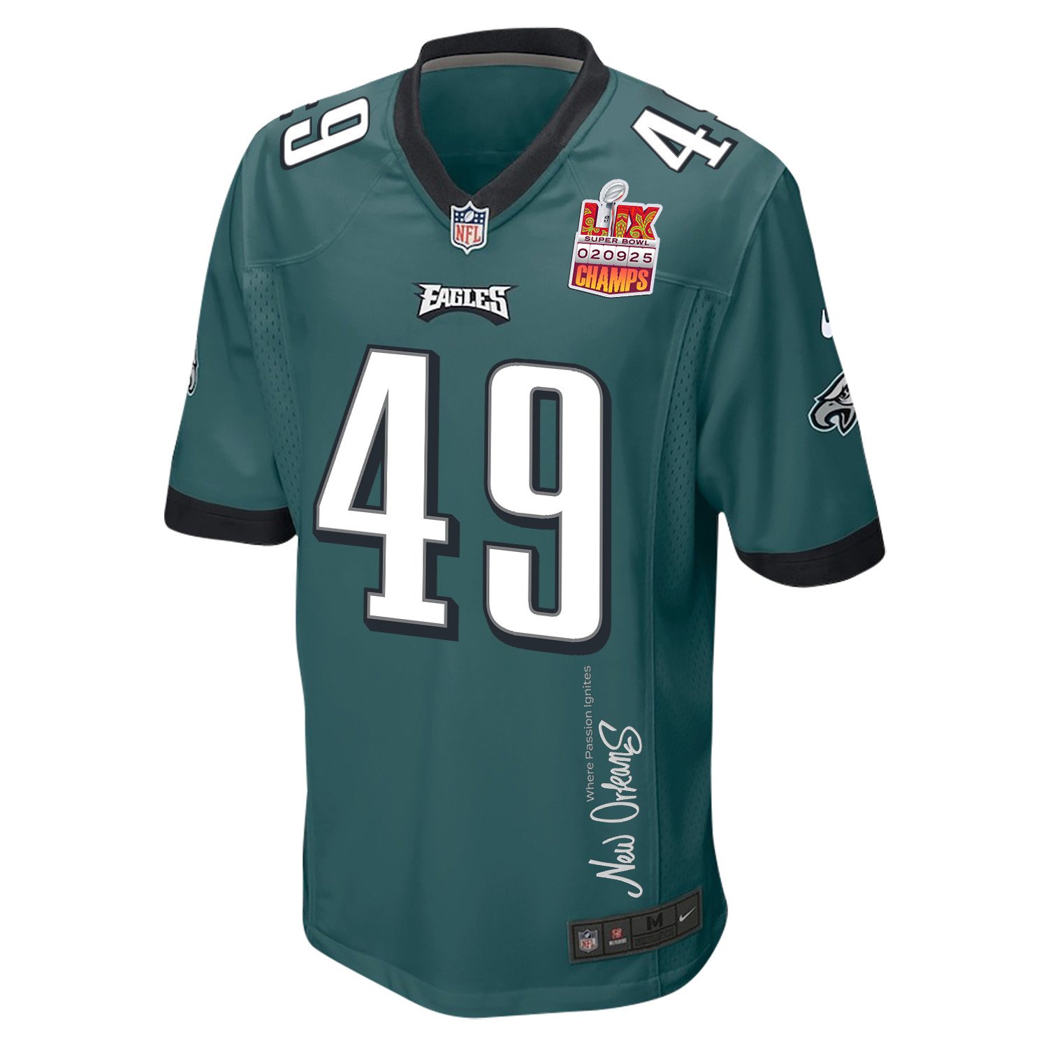 Rick Lovato 49 Philadelphia Eagles Super Bowl LIX Champions Patch 'New Orleans - Where Passion Ignites' EMBROIDERED Game Men Jersey - Midnight Green JS7870 nicesnker - Image 3