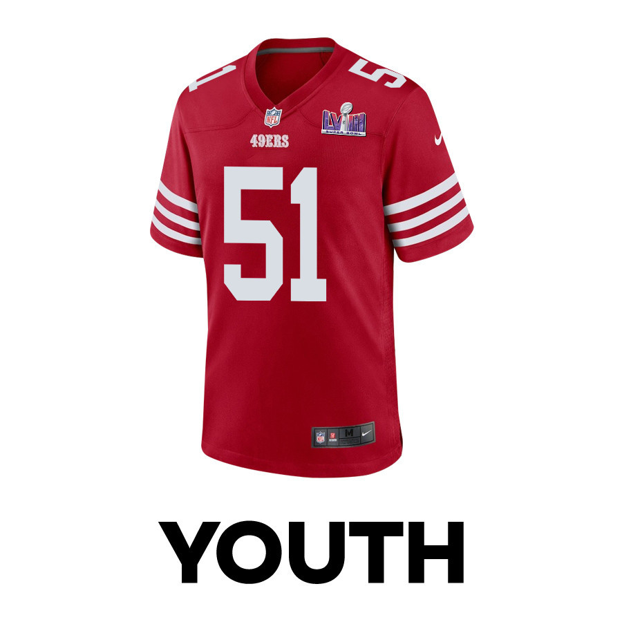 Alternative view of Robert Beal Jr. 51 San Francisco 49ers Super Bowl LVIII Patch Game YOUTH Jersey - Scarlet JS6062 nicesnker