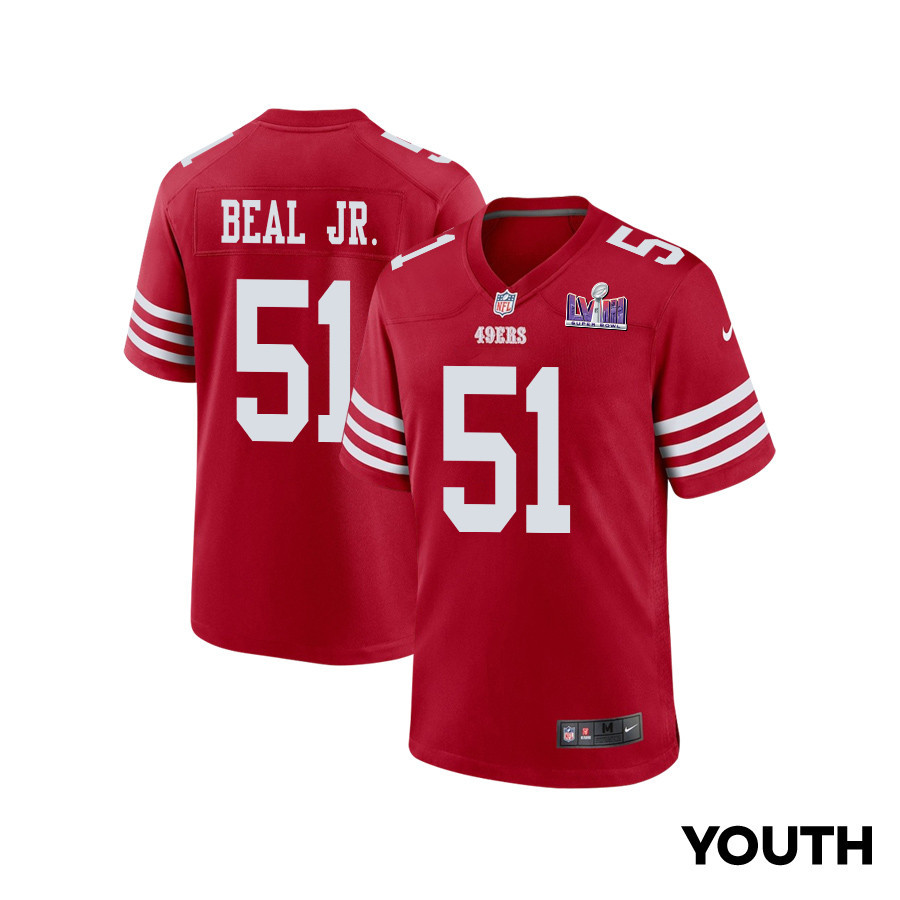 Robert Beal Jr. 51 San Francisco 49ers Super Bowl LVIII Patch Game YOUTH Jersey - Scarlet JS6062 nicesnker