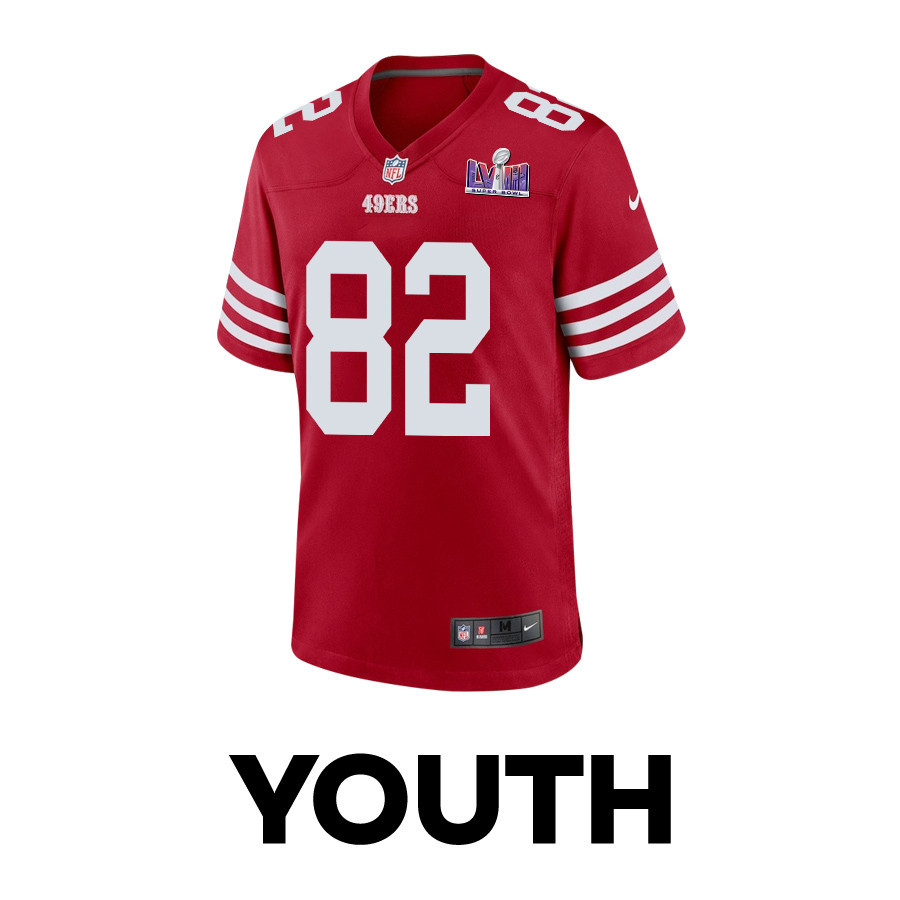 Alternative view of Ross Dwelley 82 San Francisco 49ers Super Bowl LVIII Patch Game YOUTH Jersey - Scarlet JS5285 nicesnker